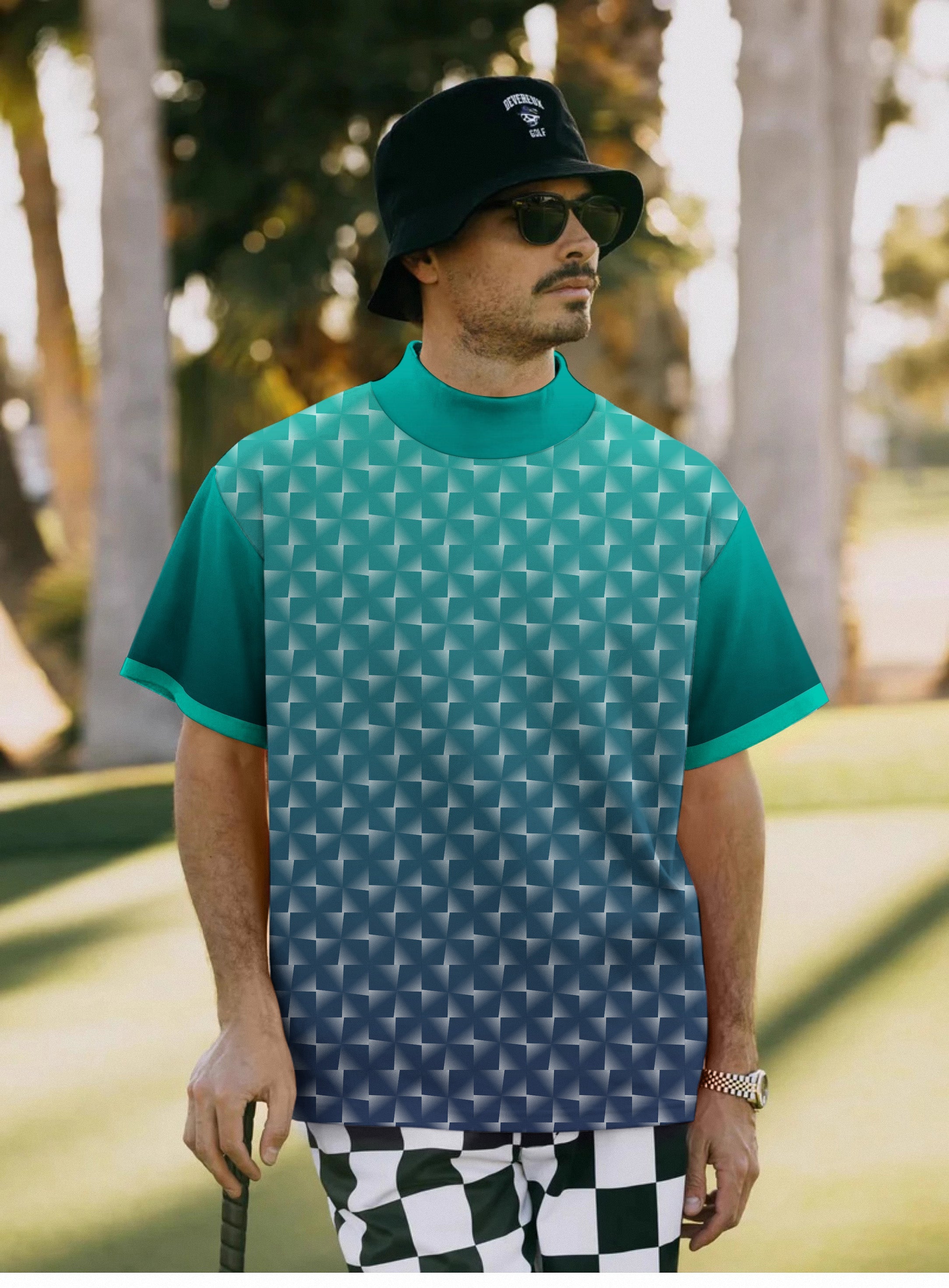 Men's cyan gradient custom sport team competition pullover short sleeve T-shirt with high neck