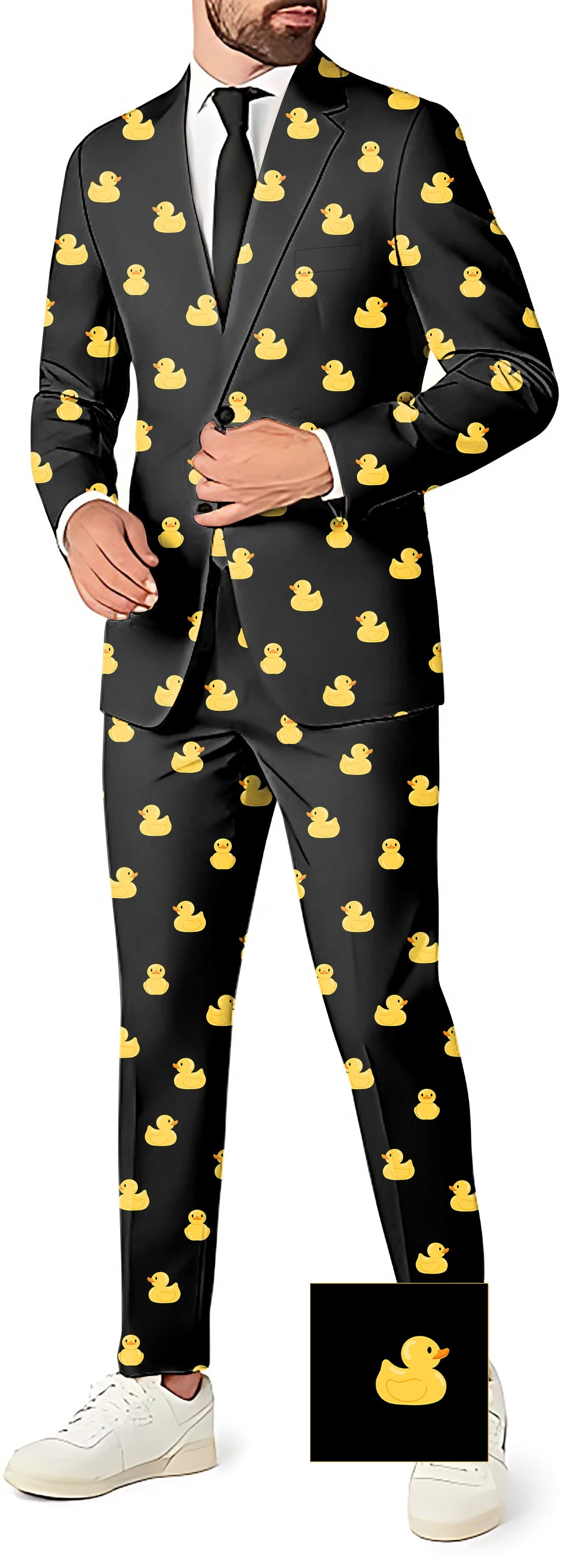 Men's party suit with yellow rubber duck pattern blazer, vest, and pants set