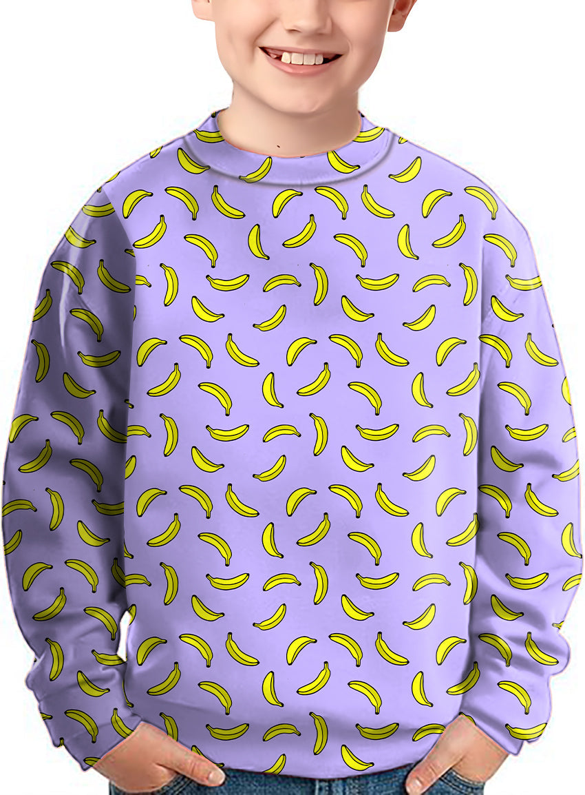 Kids crewneck pullover with taro purple background and yellow banana pattern