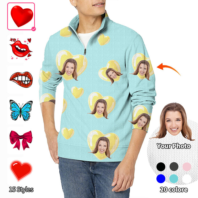 Valentine's Day Custom Photo Face Custom Color Green Blue Love Men's Golf Waffle Zipper Pullover