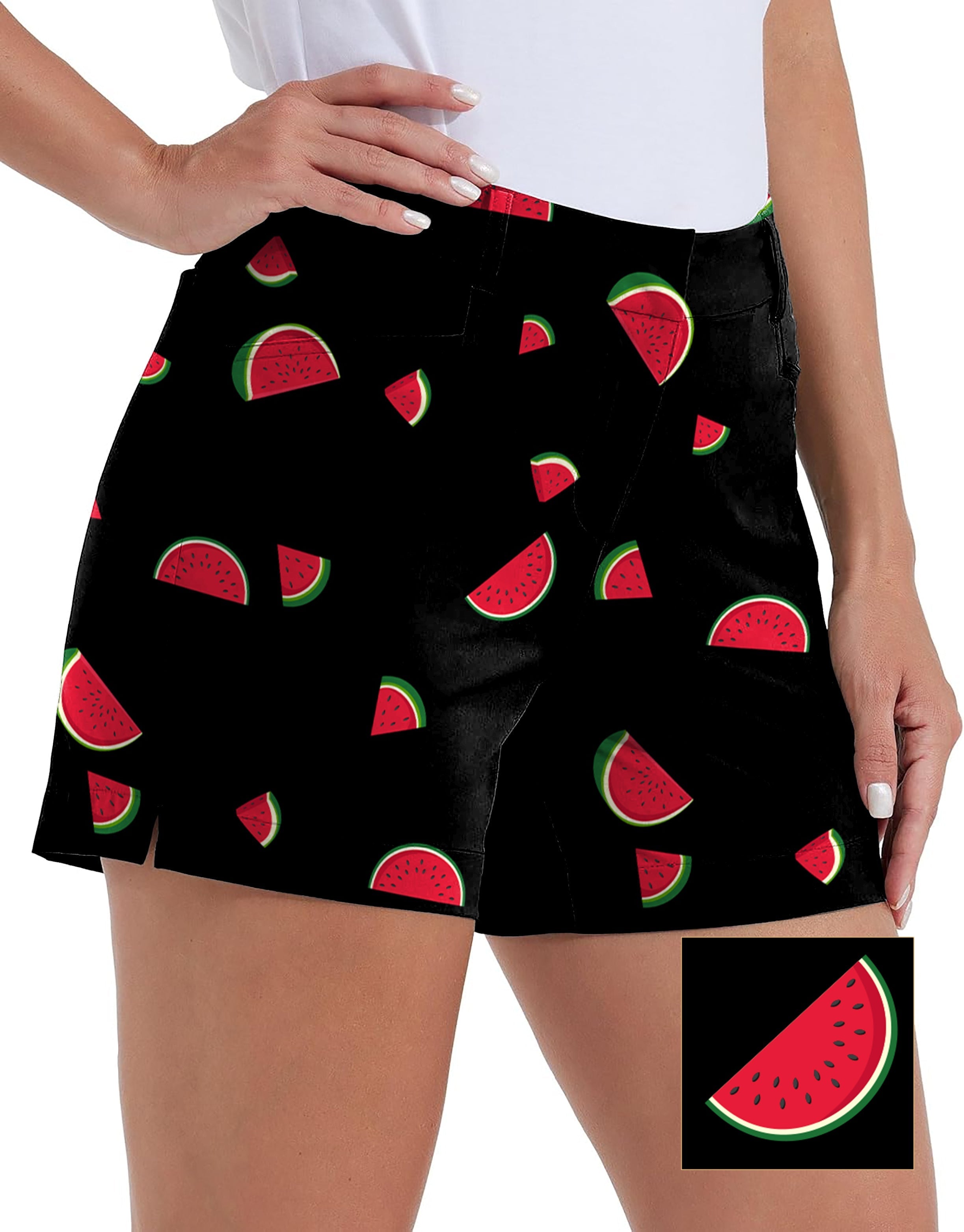 Women's quick-dry black golf shorts with watermelon print and pockets for outdoor casual wear