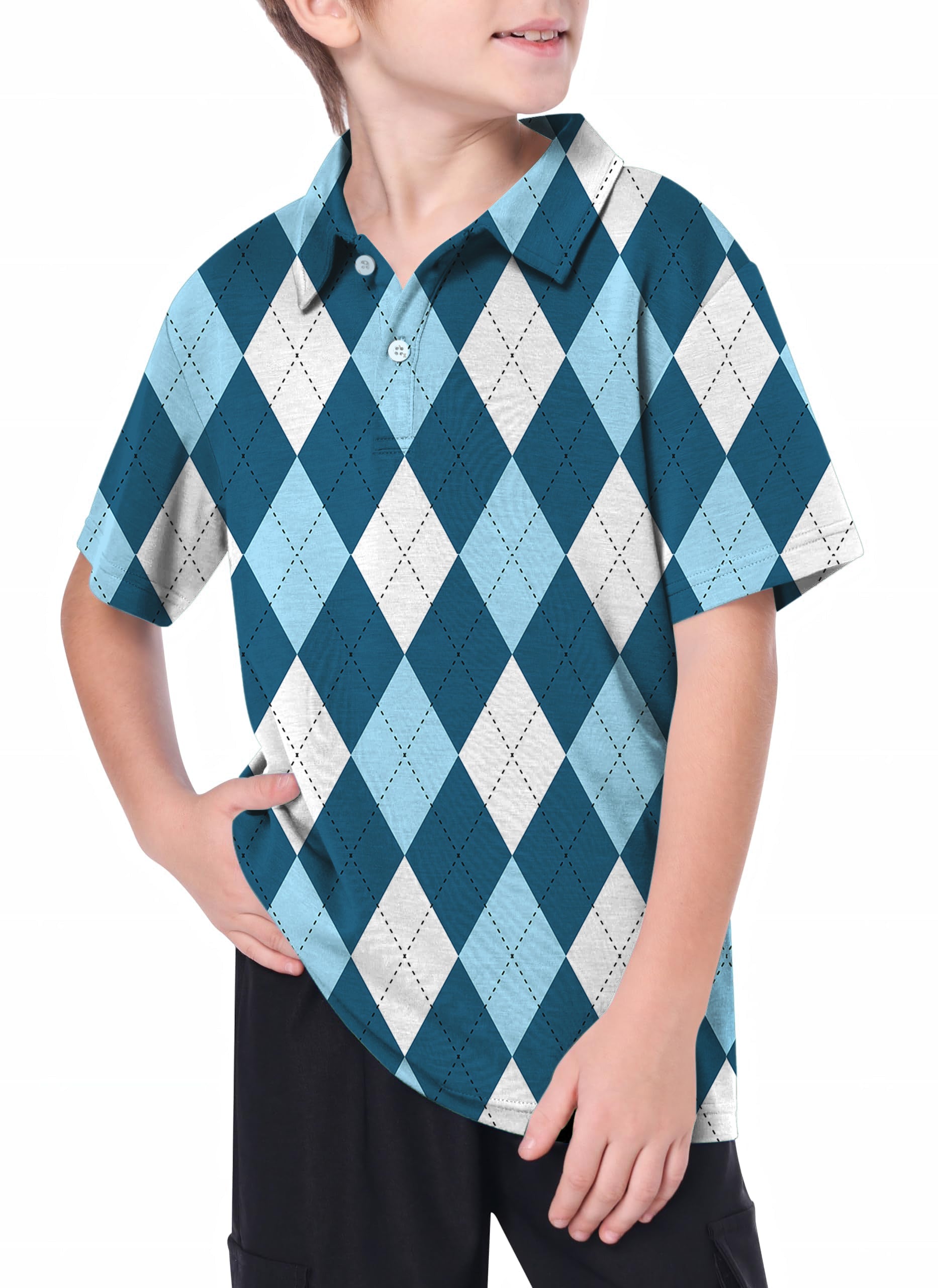 Youth diamond moderate blue golf polo shirt with 4-way stretch and moisture-wicking fabric worn by boy