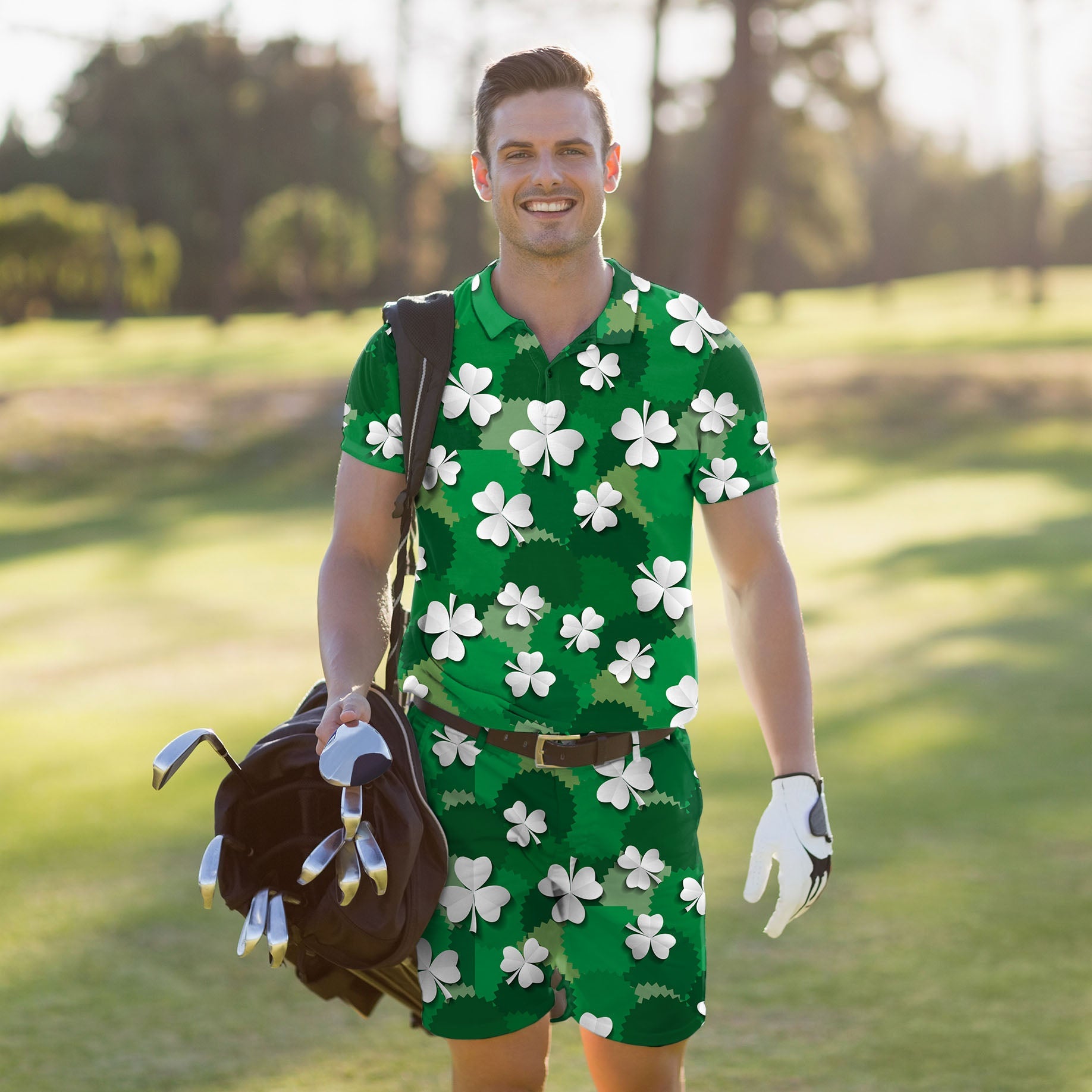 Men's Golf Set with green clover polo and shorts for St. Patrick's Day, moisture-wicking, stretchy, wrinkle-resistant, UPF 40+ protection.
