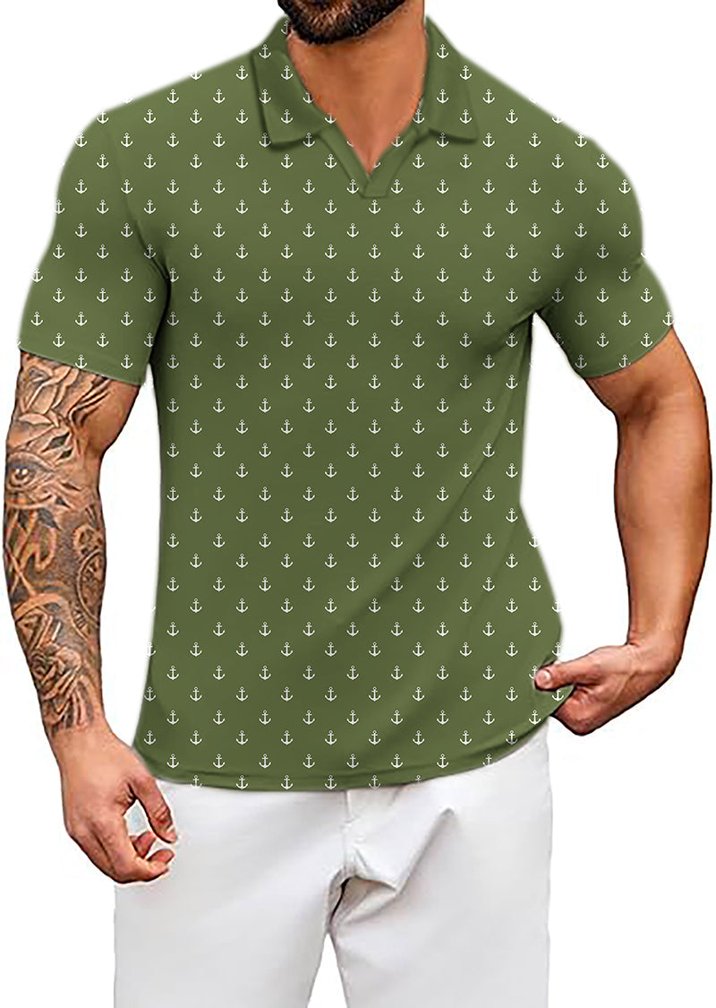 Men's Coconut Palm olive green polo shirt with navy blue anchor dots, breathable and wrinkle-resistant fabric