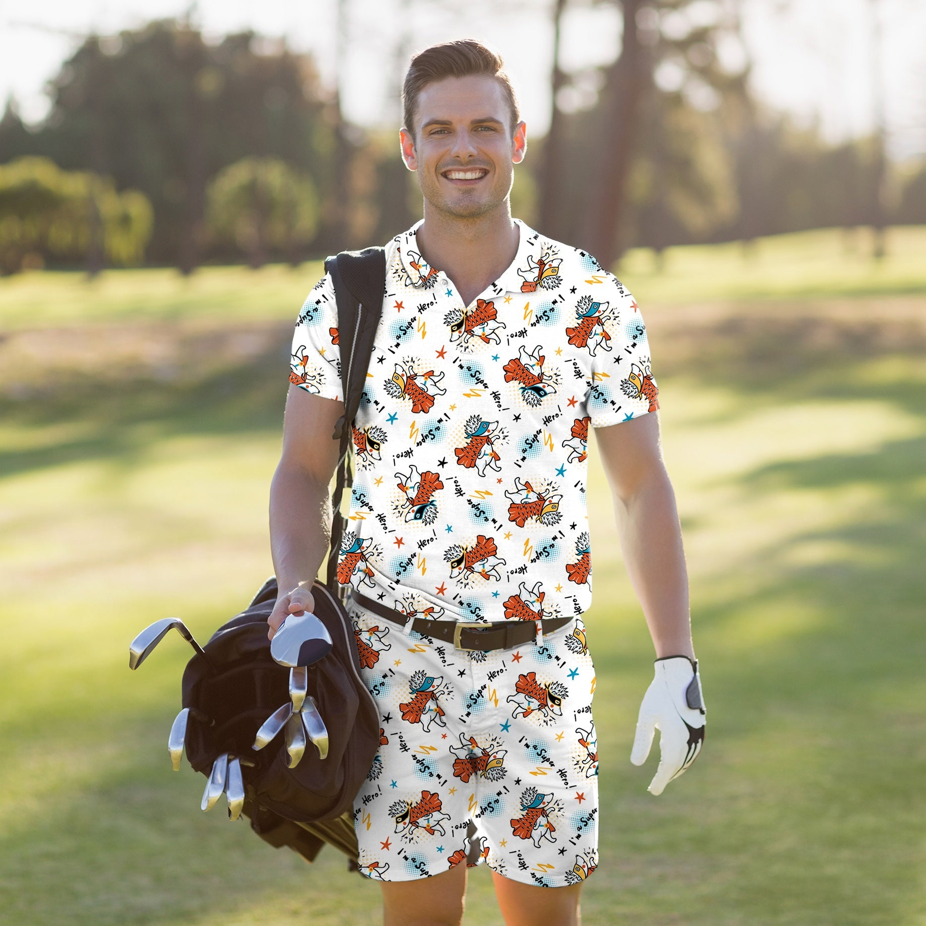 Men's golf set polo and shorts with handsome hedgehog print, four-way stretch, moisture-wicking fabric, wrinkle resistant, UPF 40+, classic fit and stay-right collar