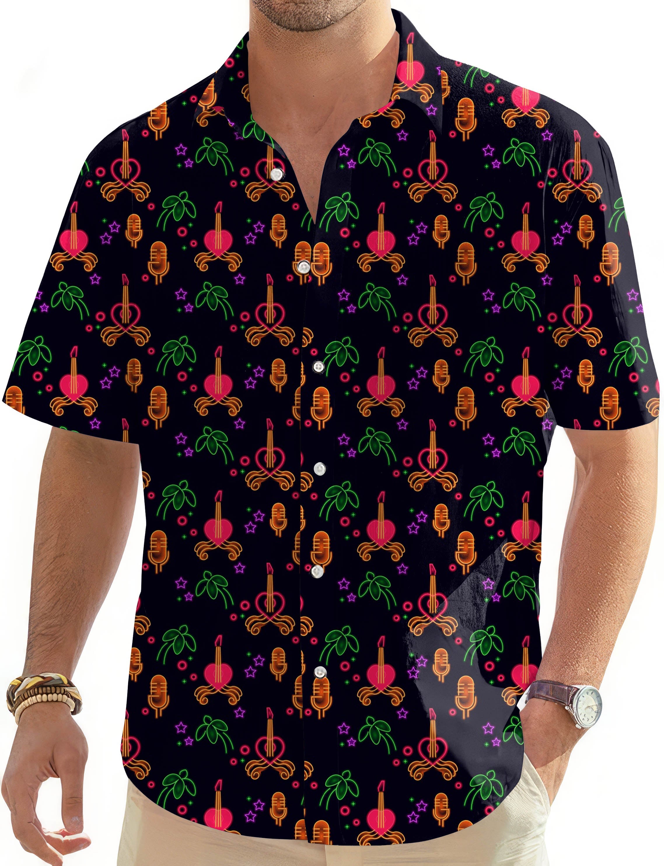 Men's neon guitar Hawaiian button-down shirt with short sleeves and colorful musical pattern