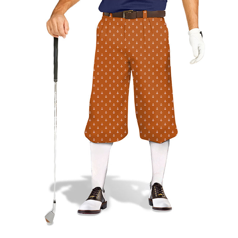 Orange Anchor Men's Golf Knickers with anchor print, snug ankle cuffs, and adjustable Velcro waistband