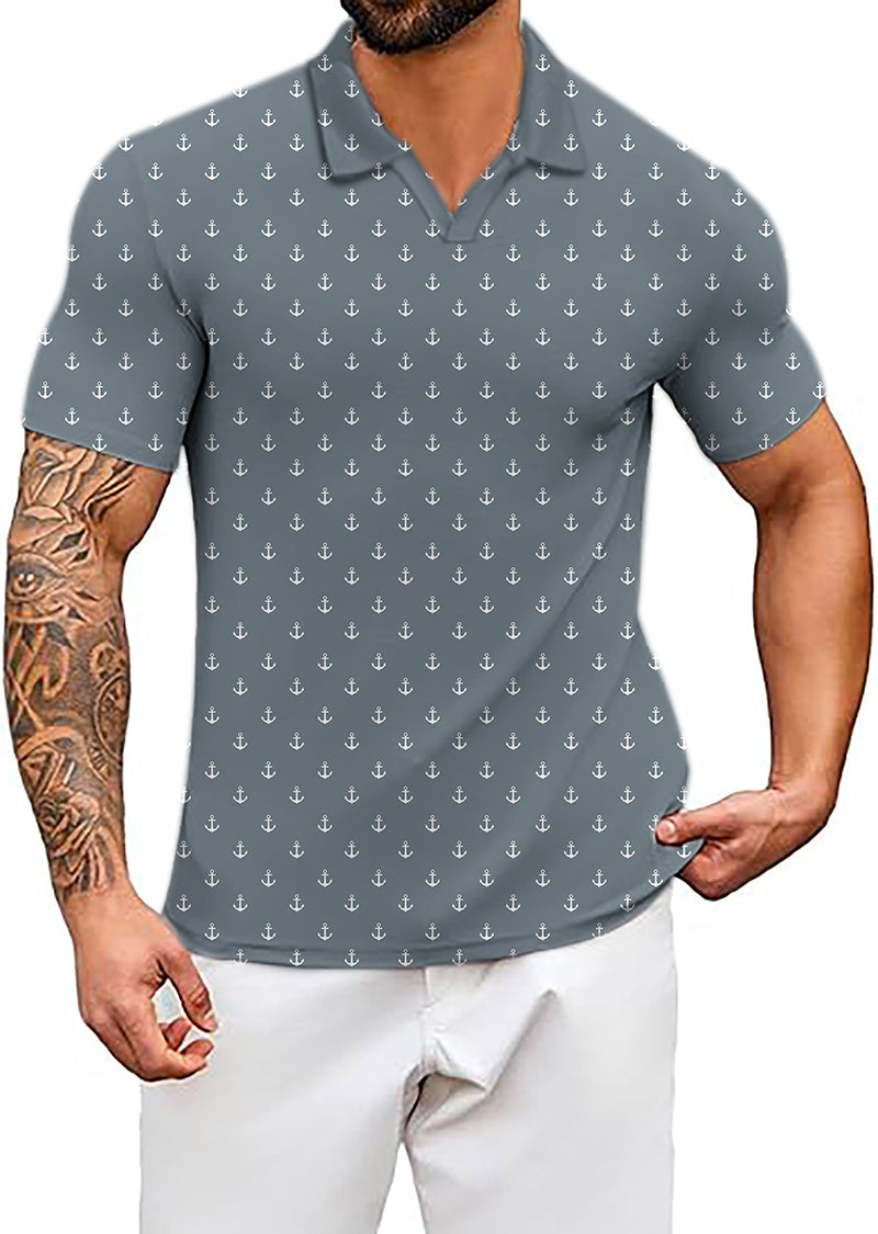 Men's Coconut Palm navy blue anchor print polo shirt with four-way stretch and moisture-wicking fabric
