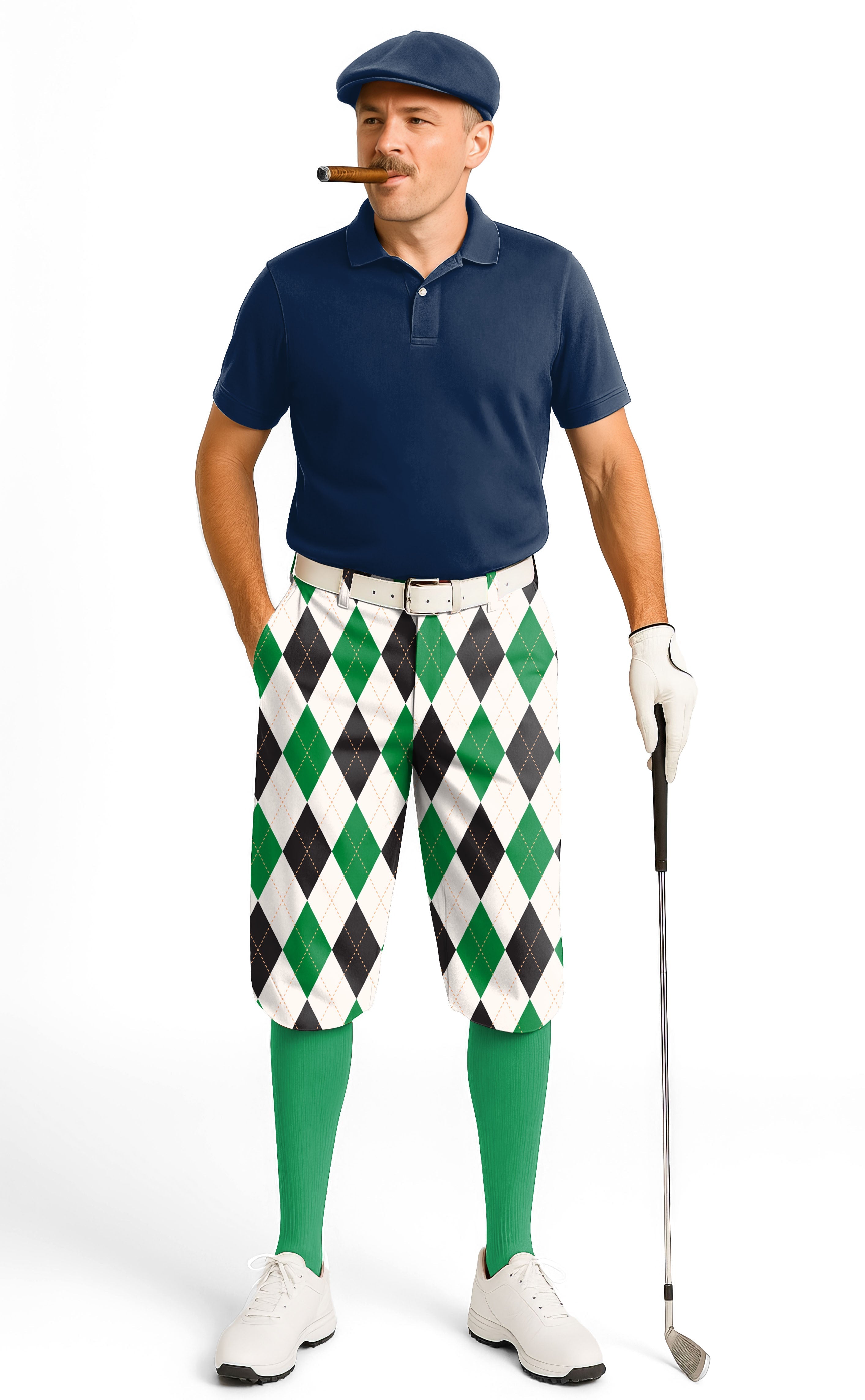 Men's golf knickers with green and white Argyle grid pattern, soft breathable fabric, and snug ankle cuffs.