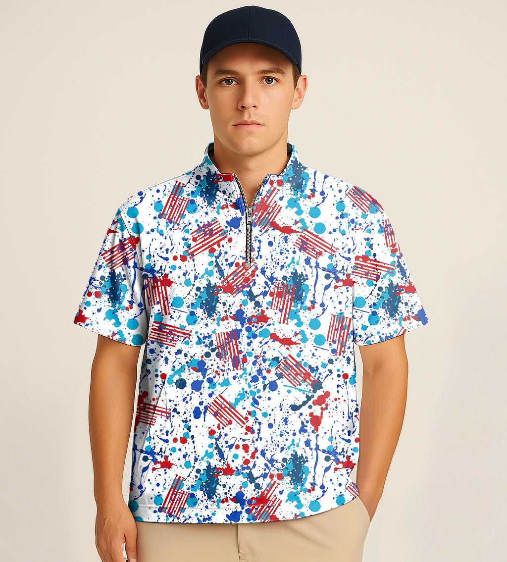 Man wearing half zipper turtleneck golf short shirt with graffiti embroidery design
