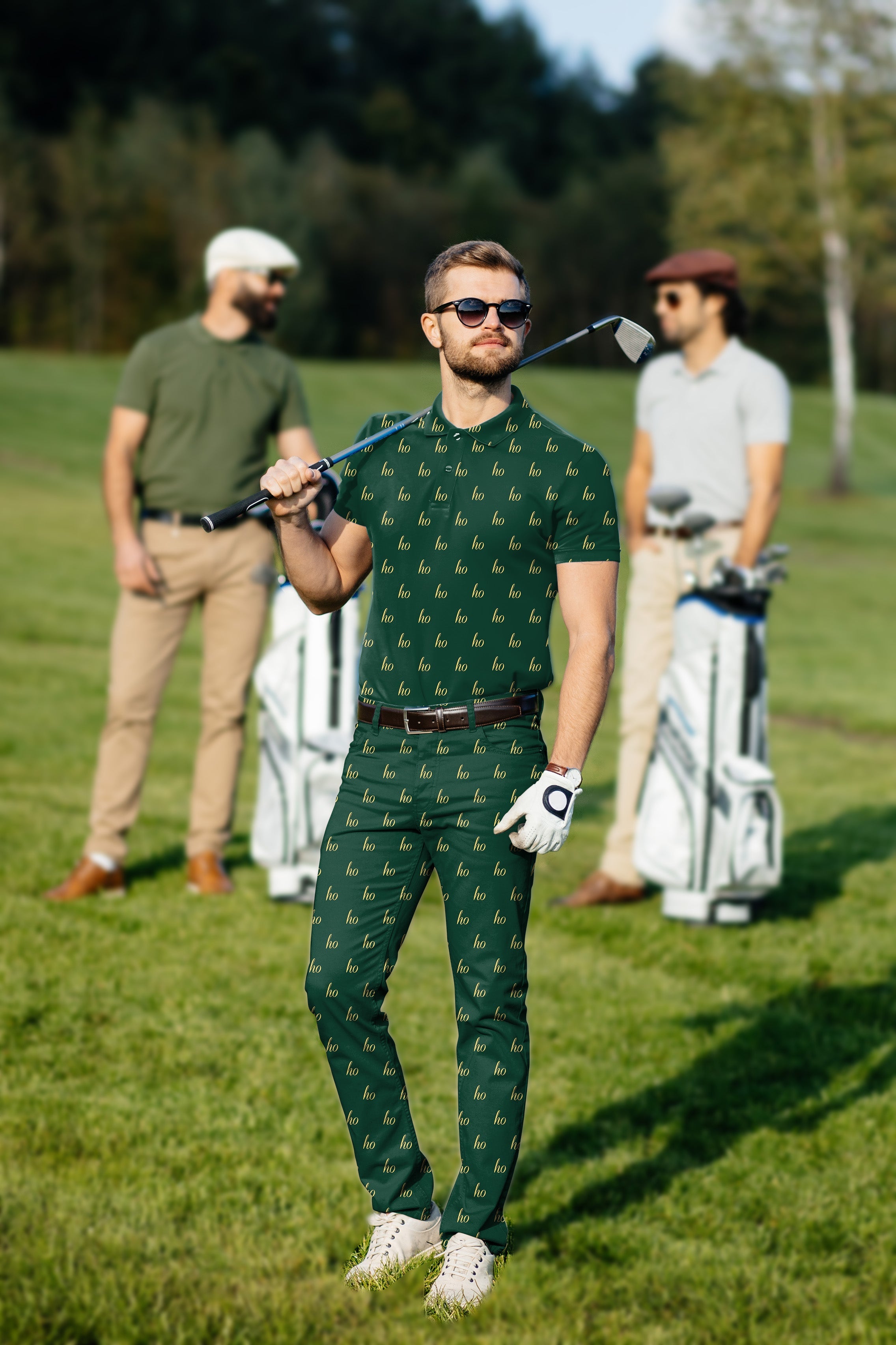 Men's Golf Set dark green polo and pants with custom name, breathable and stretchy fabric, stylish and wrinkle-resistant golf outfit