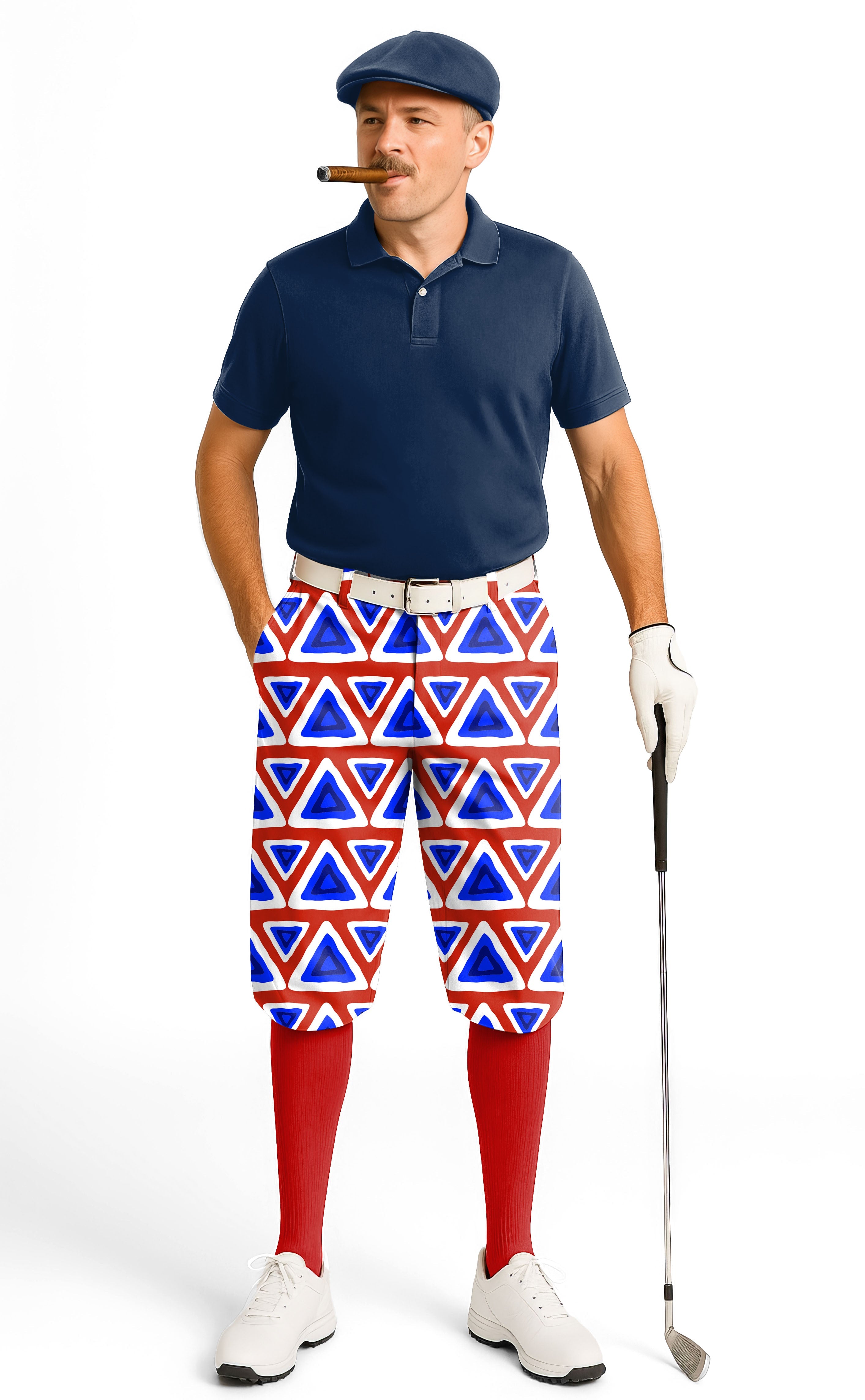 Men's golf knickers pants with triangle tribal pattern, snug ankle cuffs, and breathable performance fabric.
