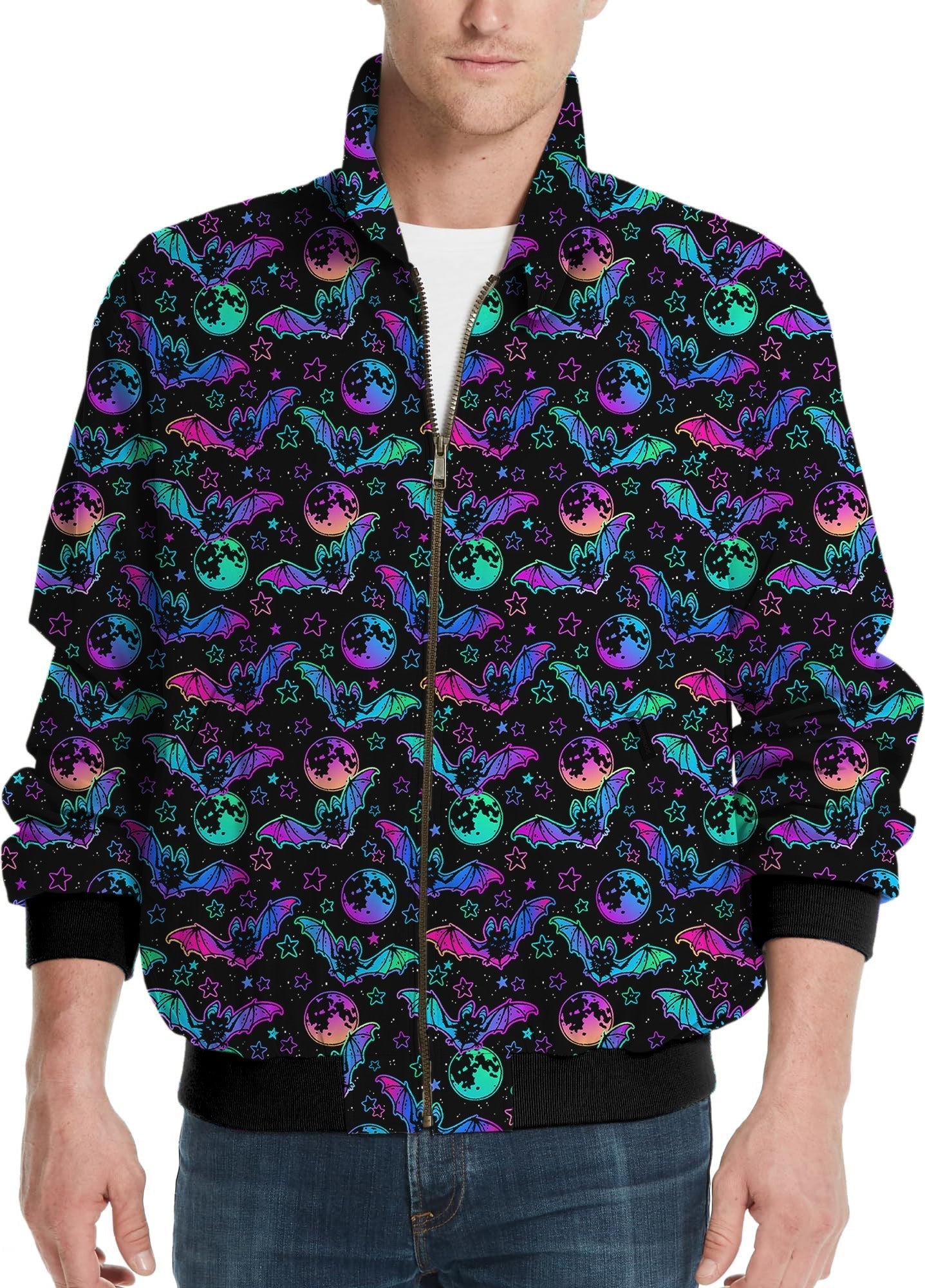 men's Halloween Bat Moon golf windbreaker jacket with colorful bats and moons pattern