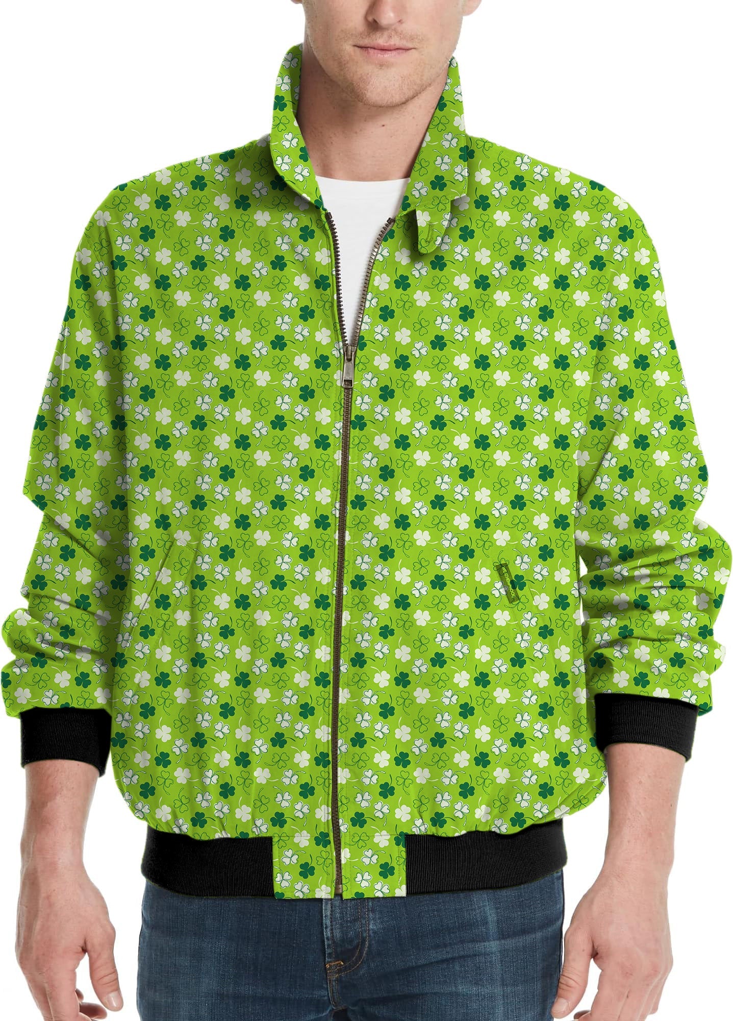 Men's golf windbreaker jacket with green leaf clover St. Patrick's Day pattern