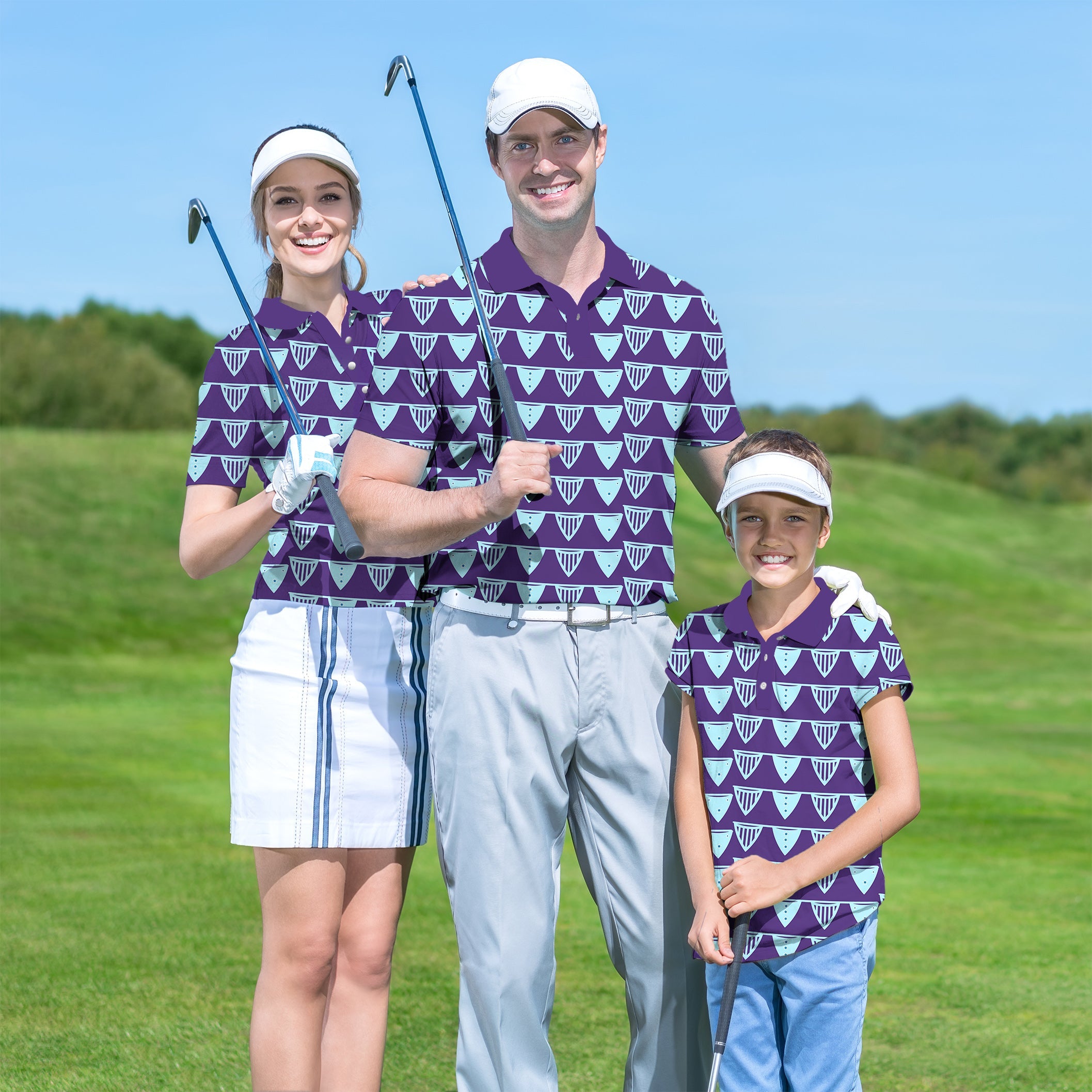 Family wearing Blue Flag Limited Edition golf shirts on a golf course with clubs