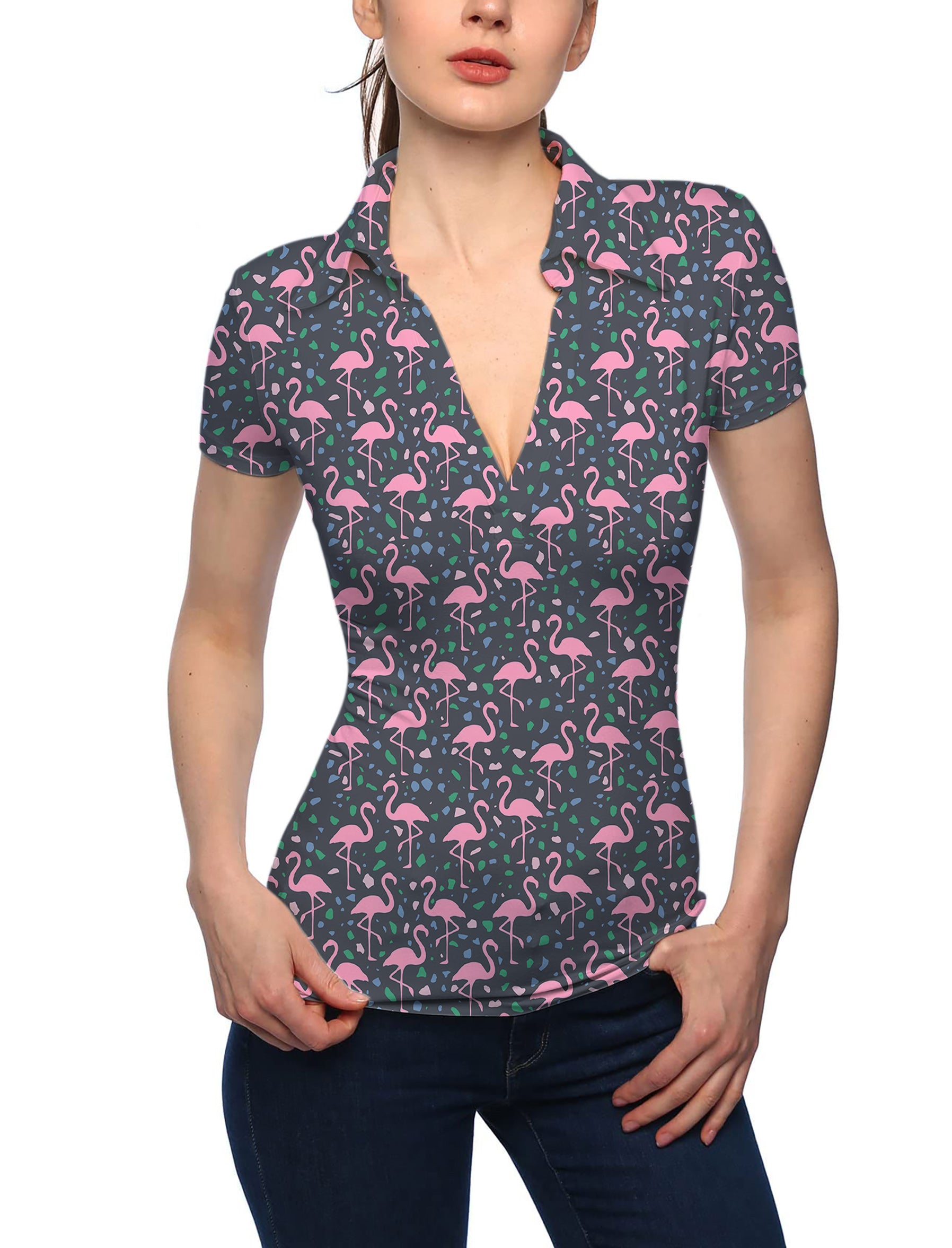 Women's Terrazzo Flamingo V Neck Golf Polo