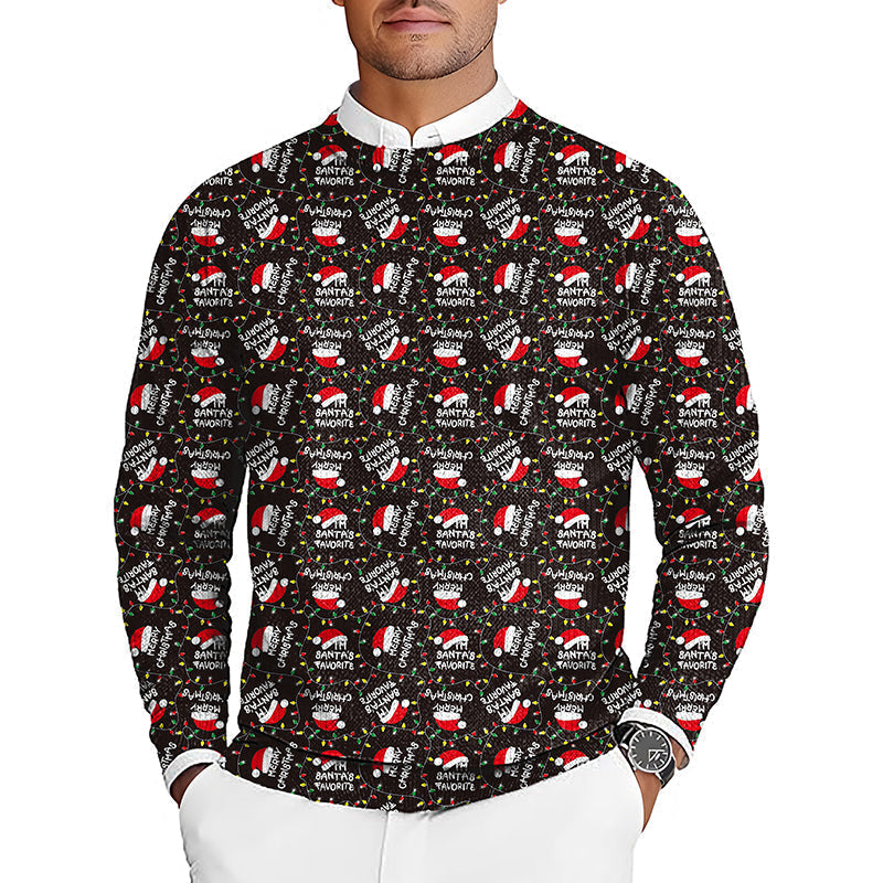 Men's black Christmas hat golf crewneck pullover sweater with festive holiday print