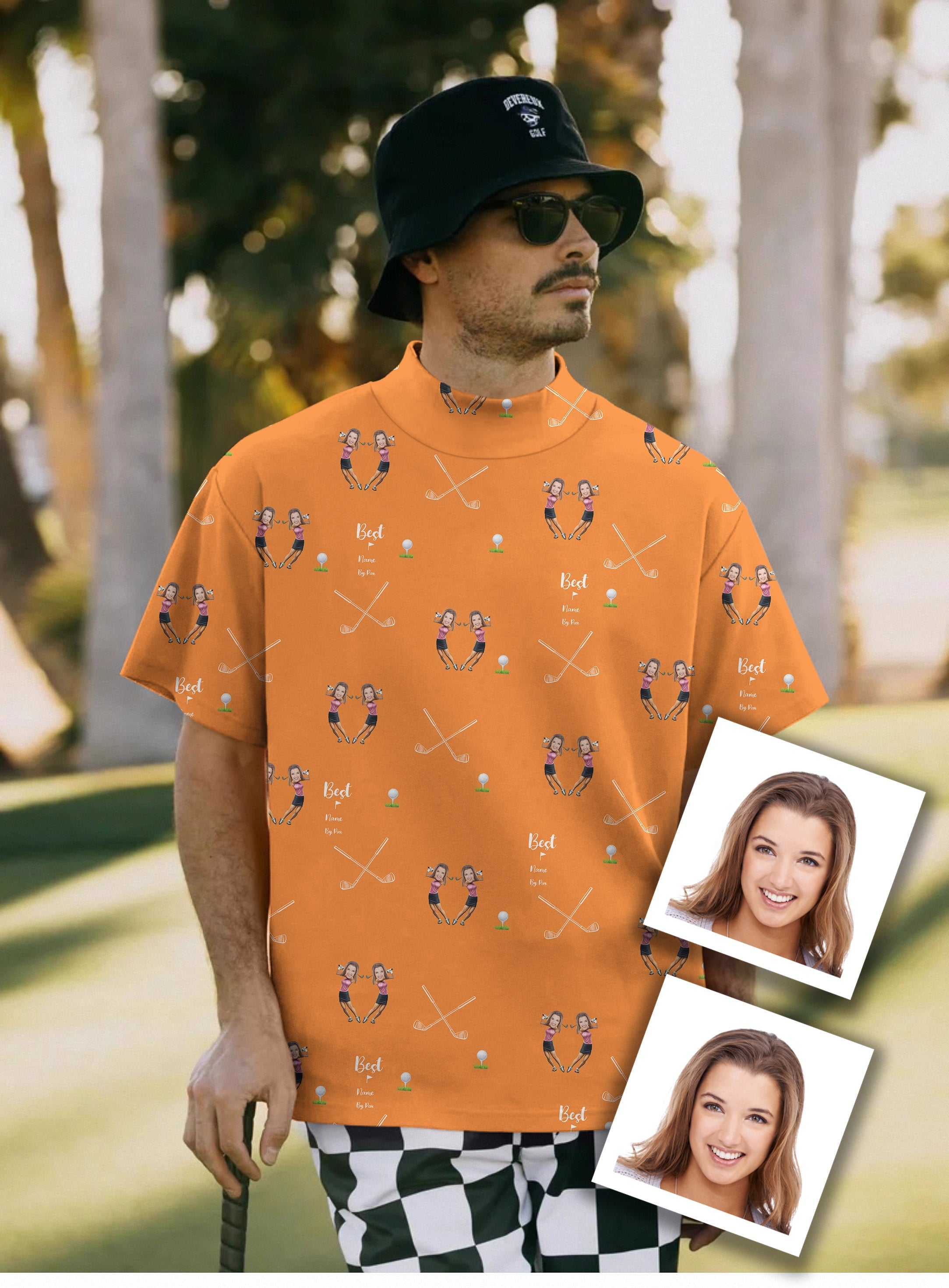 Men's custom high neck pullover T-shirt with sister photo face and name design