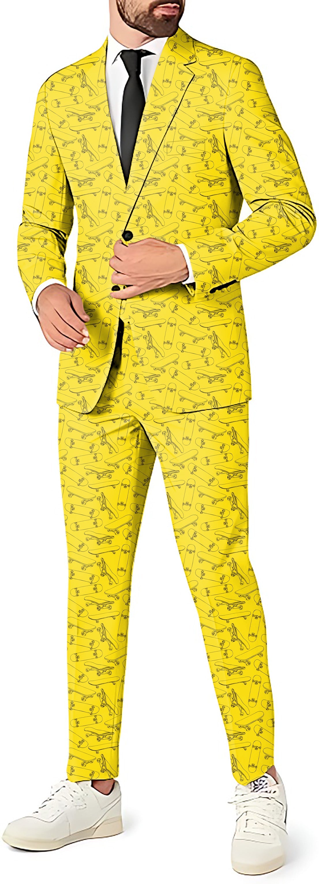 Yellow skateboard men's party costume suit set with blazer, pants, and vest in bright yellow color