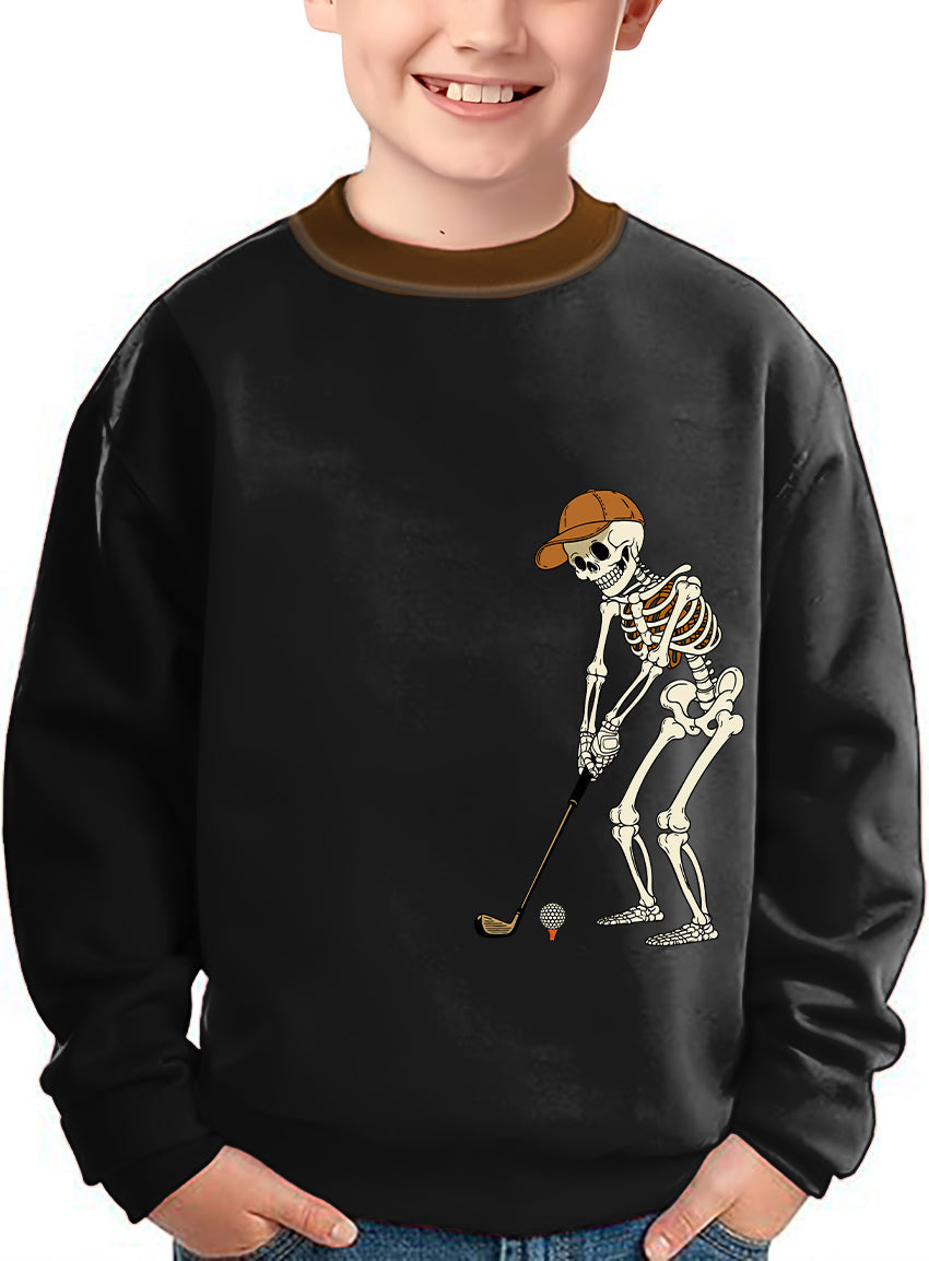 Pumpkin black Halloween kids pullover with skeleton golf design