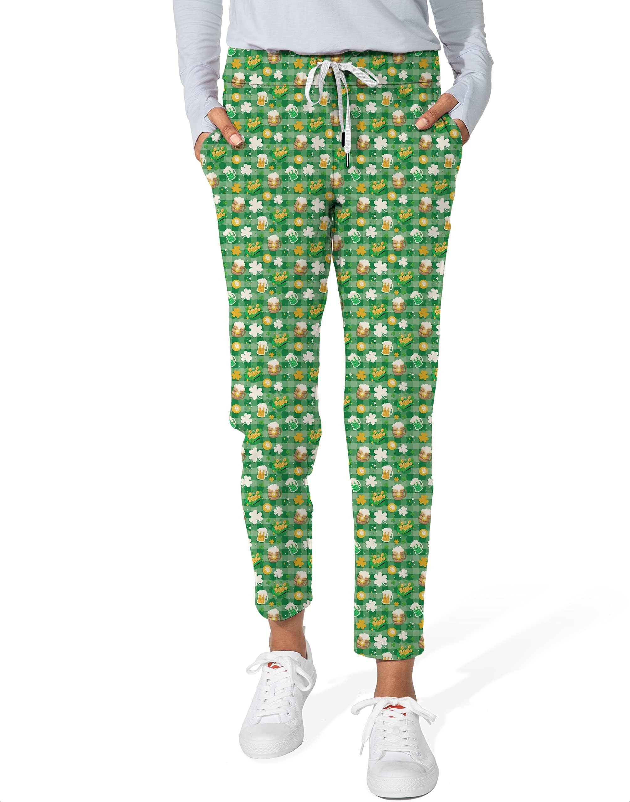 Women's 7/8 stretch ankle golf pants with green beer and clover St. Patrick's Day pattern