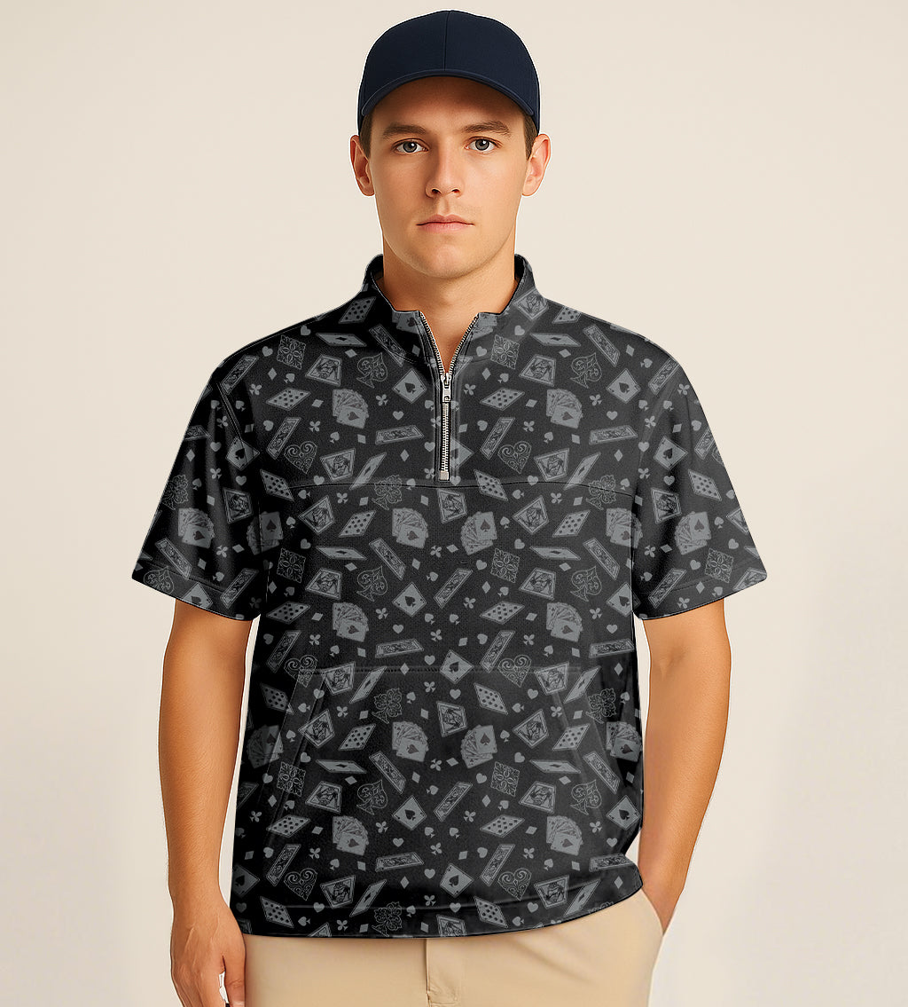 Men's half zipper turtleneck golf short shirt with party embroidery in black pattern