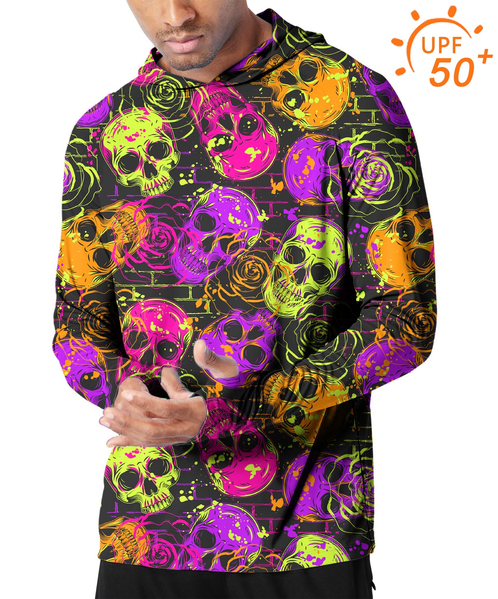 Men's slim fit outdoor hoodie with colorful Halloween skull print and UPF 50+ sun protection