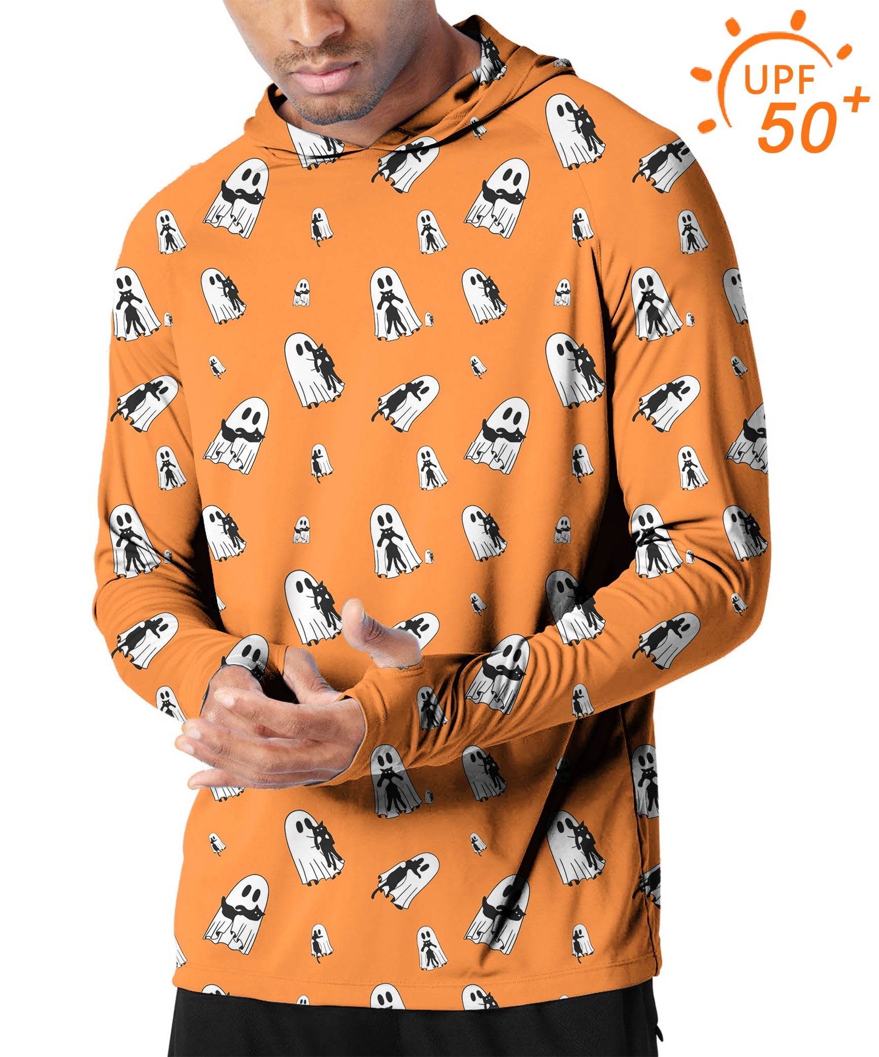 Men's slim fit orange hoodie with Halloween ghost print, UPF 50+ sun protection, breathable outdoor shirt