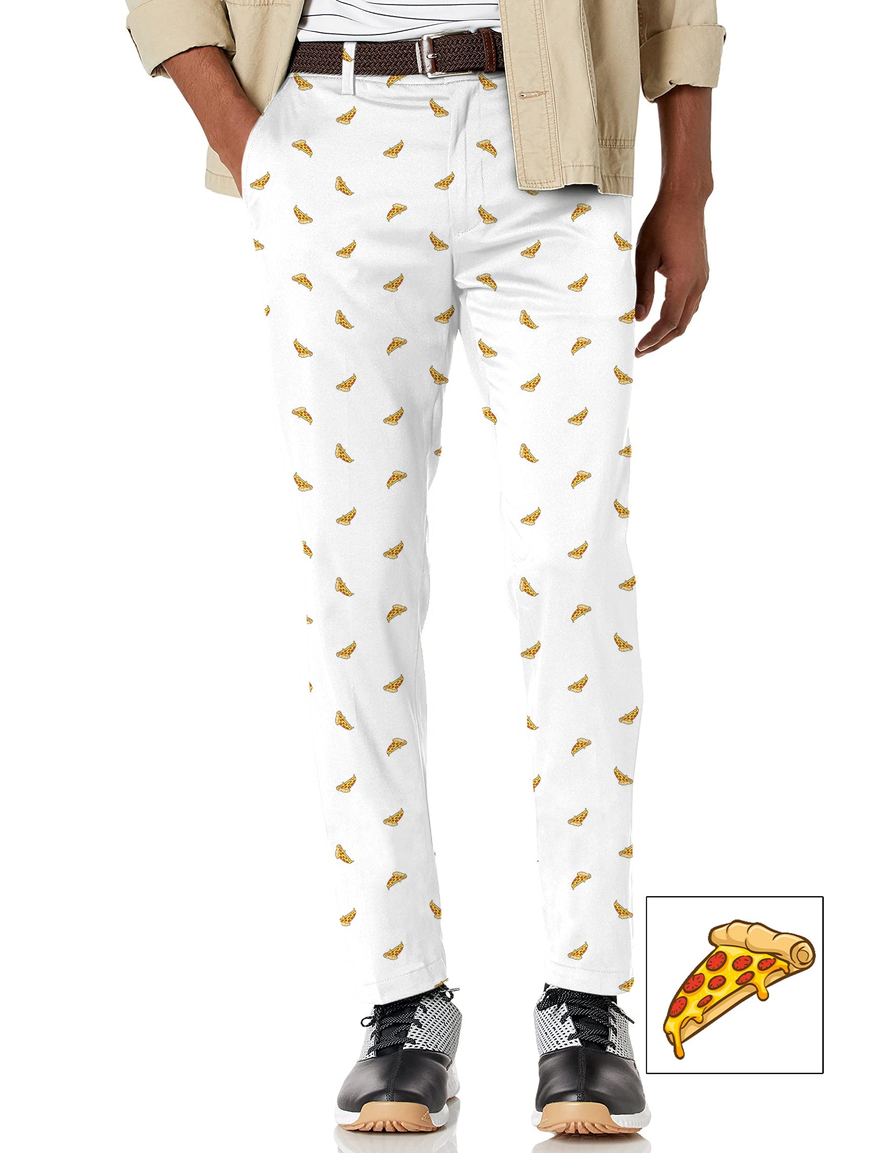 Men's white pizza print golf pants with stretch fabric and moisture-wicking features