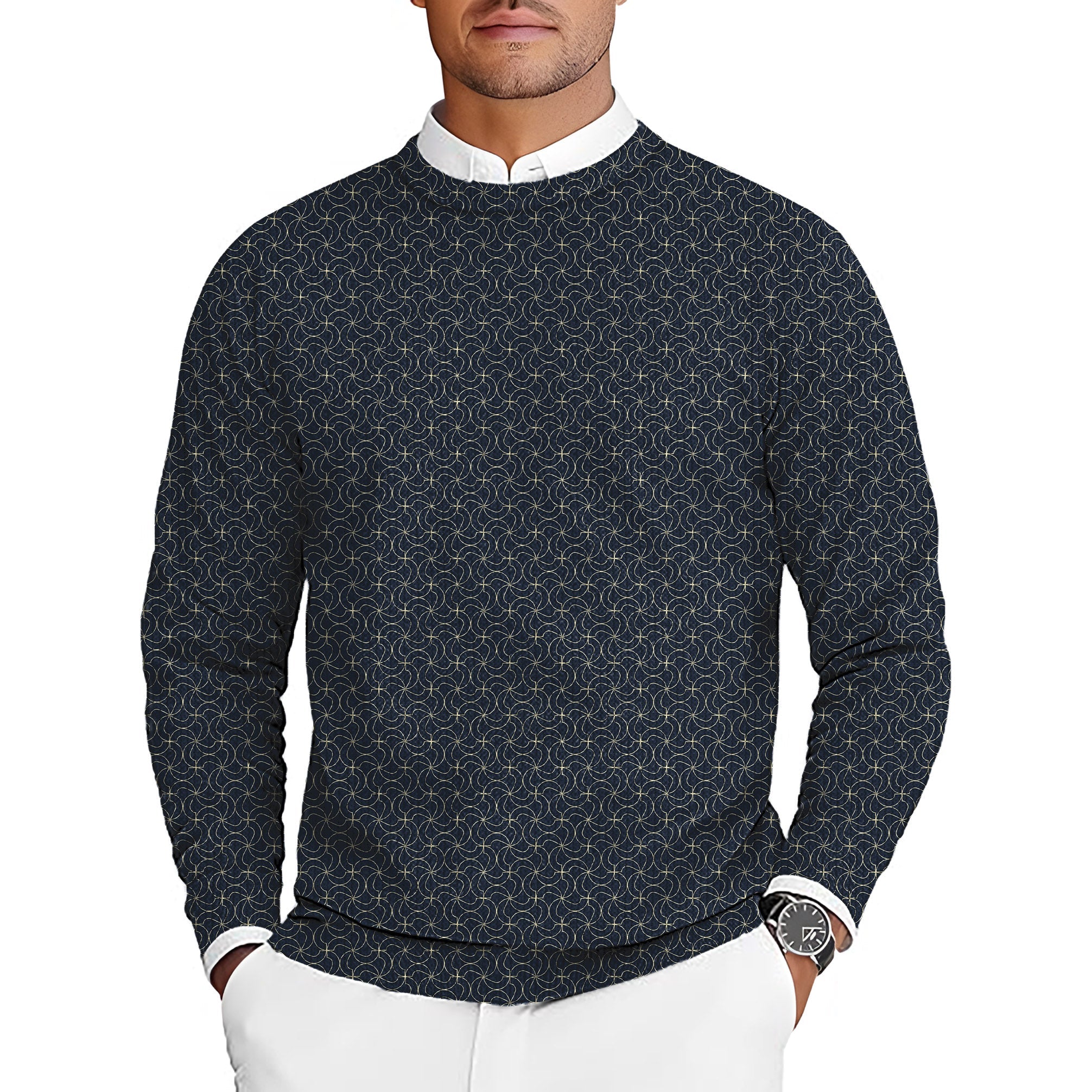 men's navy blue floral crewneck golf pullover sweater limited edition