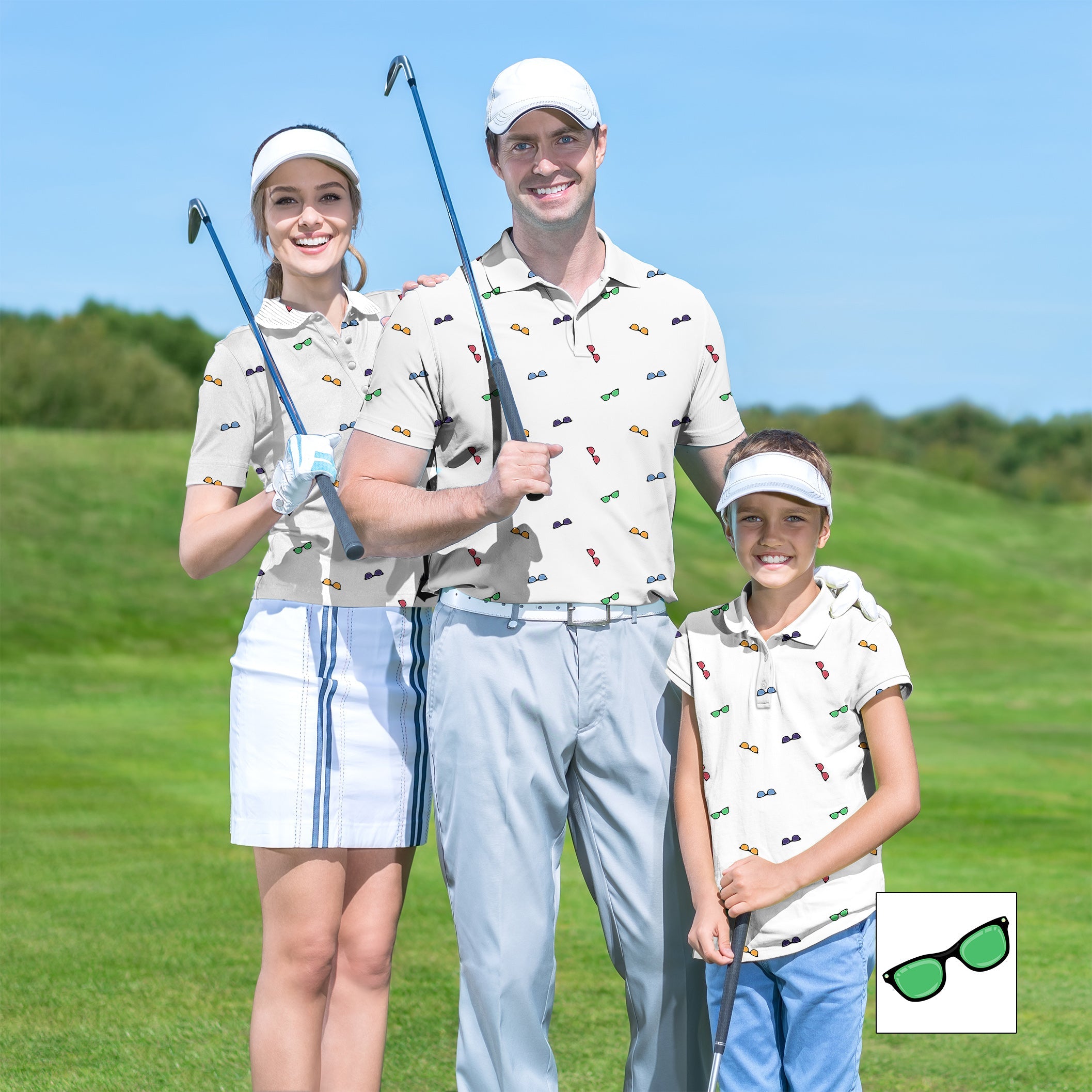 Family wearing colorful sunglasses and matching golf attire on golf course