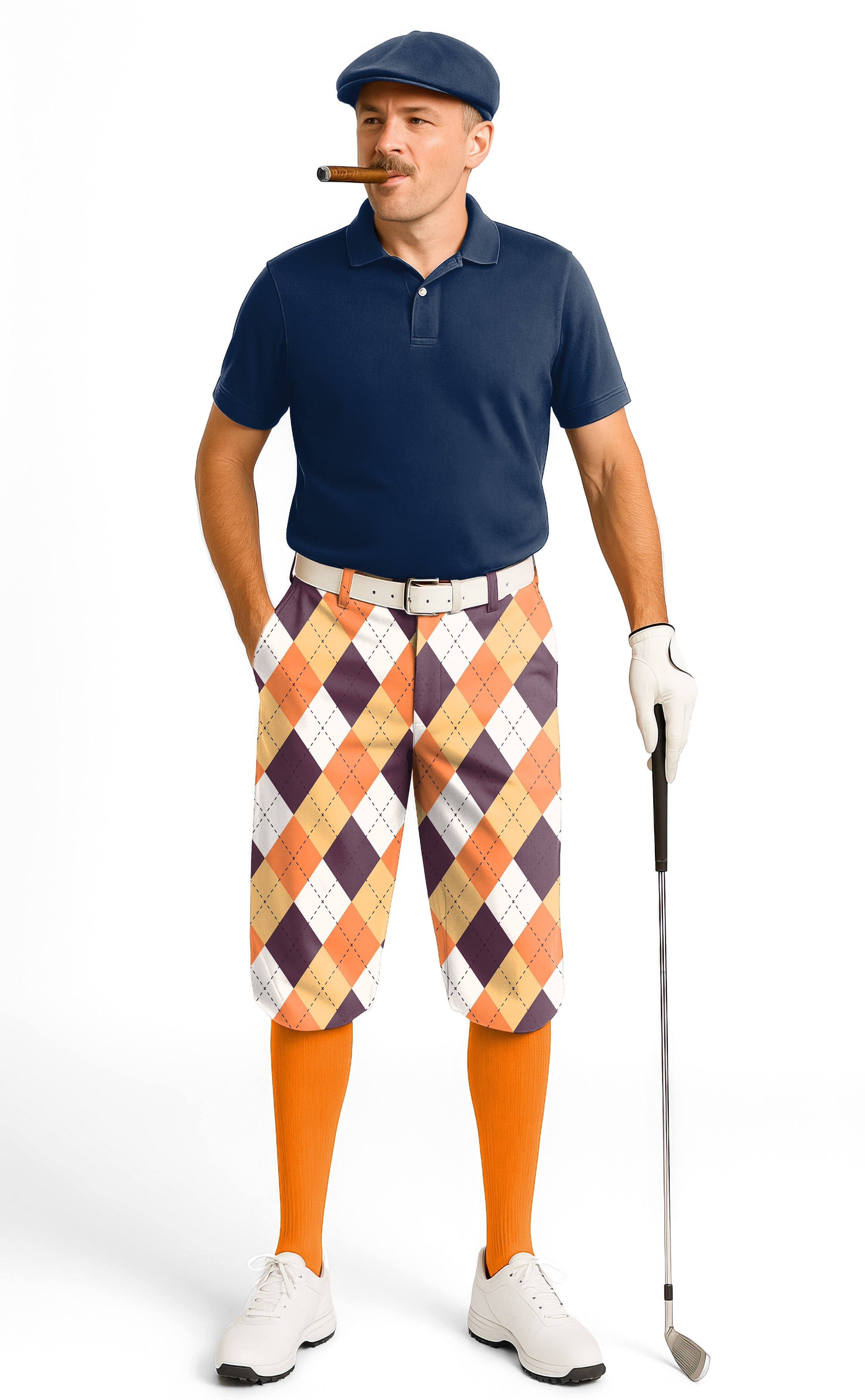 Man wearing Halloween orange white brown argyle men's golf knickers with orange socks and navy polo shirt playing golf