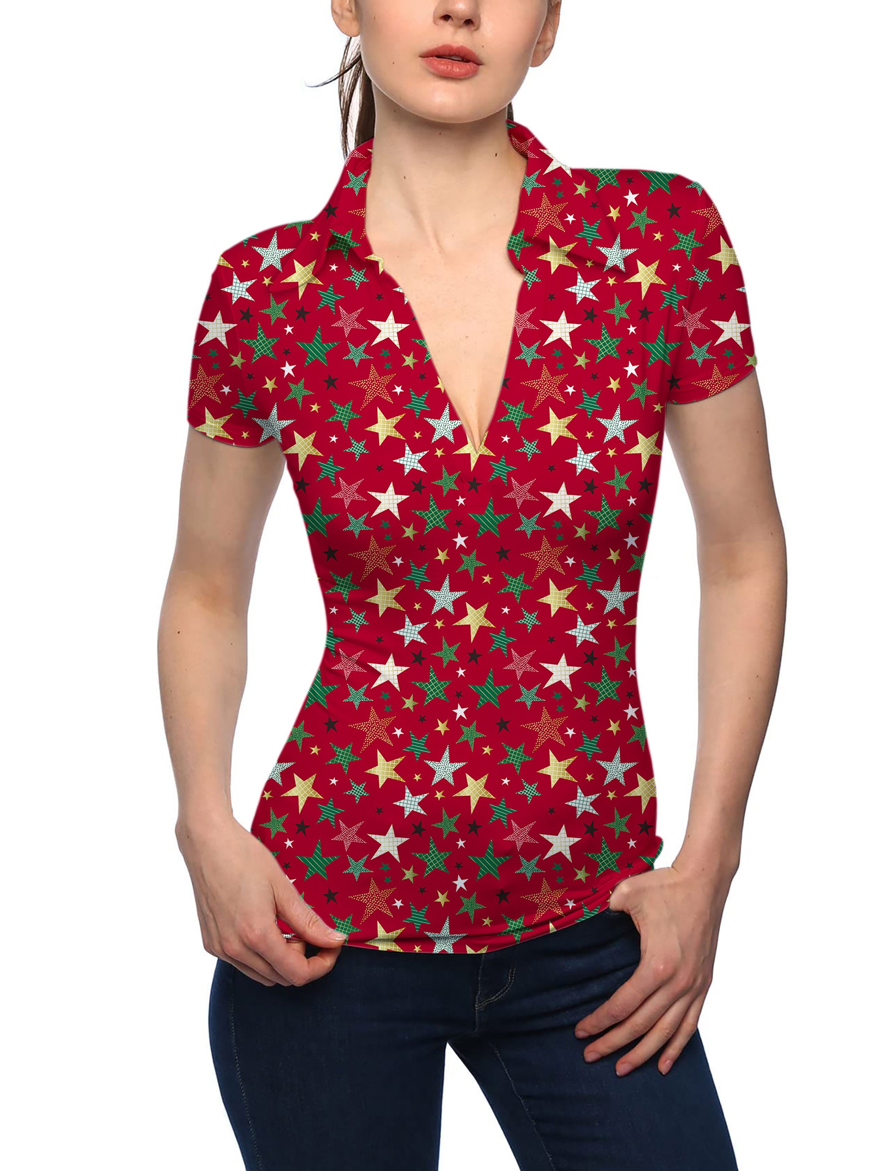 Women's Colorful Stars Christmas V Neck Golf Polo