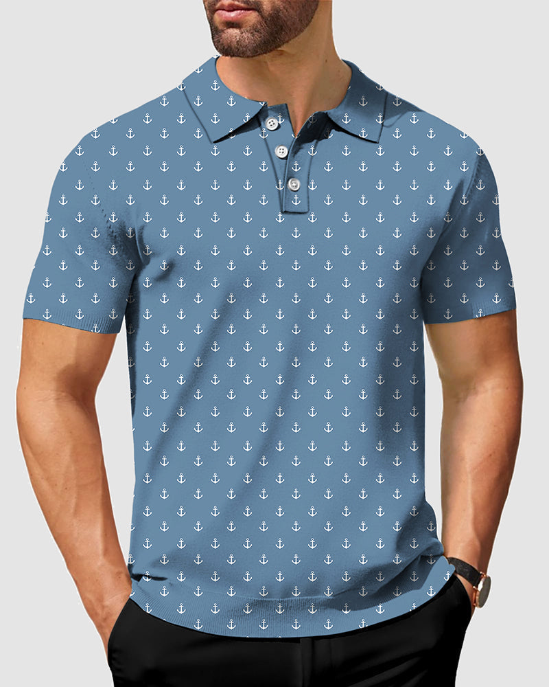 Men's gray blue anchor polo shirt with four-way stretch, wrinkle resistant fabric, and UPF 40+ protection for business casual and sporty comfort