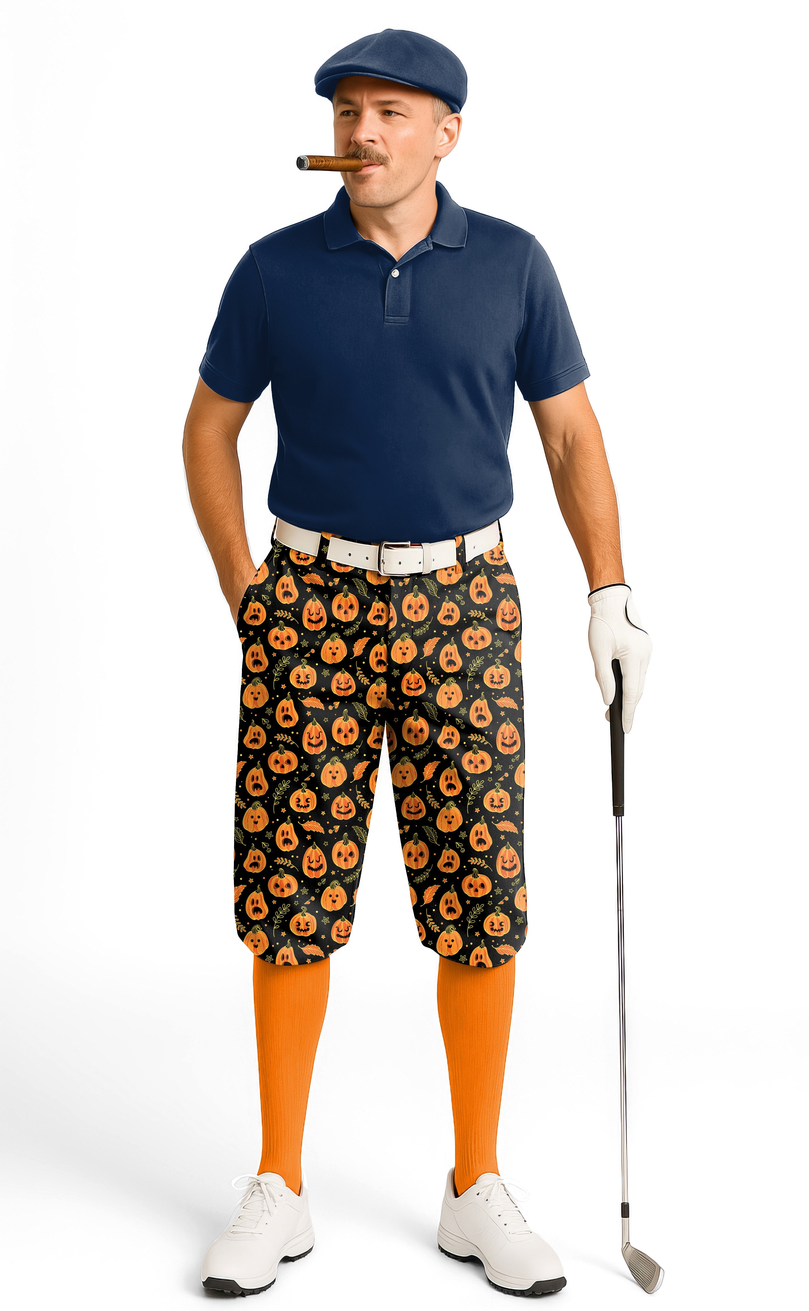 Men's Halloween Kawaii Pumpkin Bonesr golf knickers with pumpkin print and orange socks