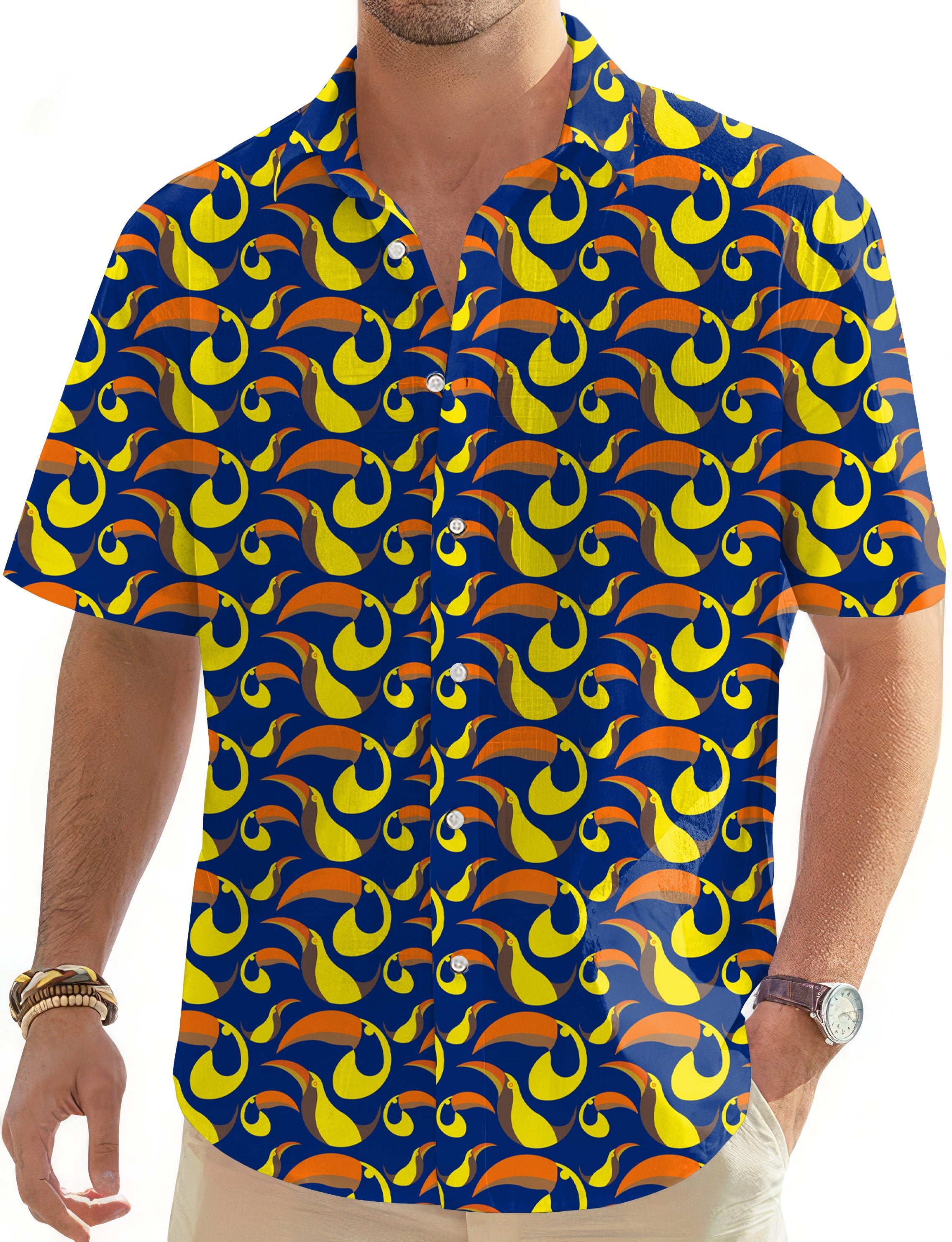 Men's golf Hawaiian shirt with short sleeves and vibrant toucan print design