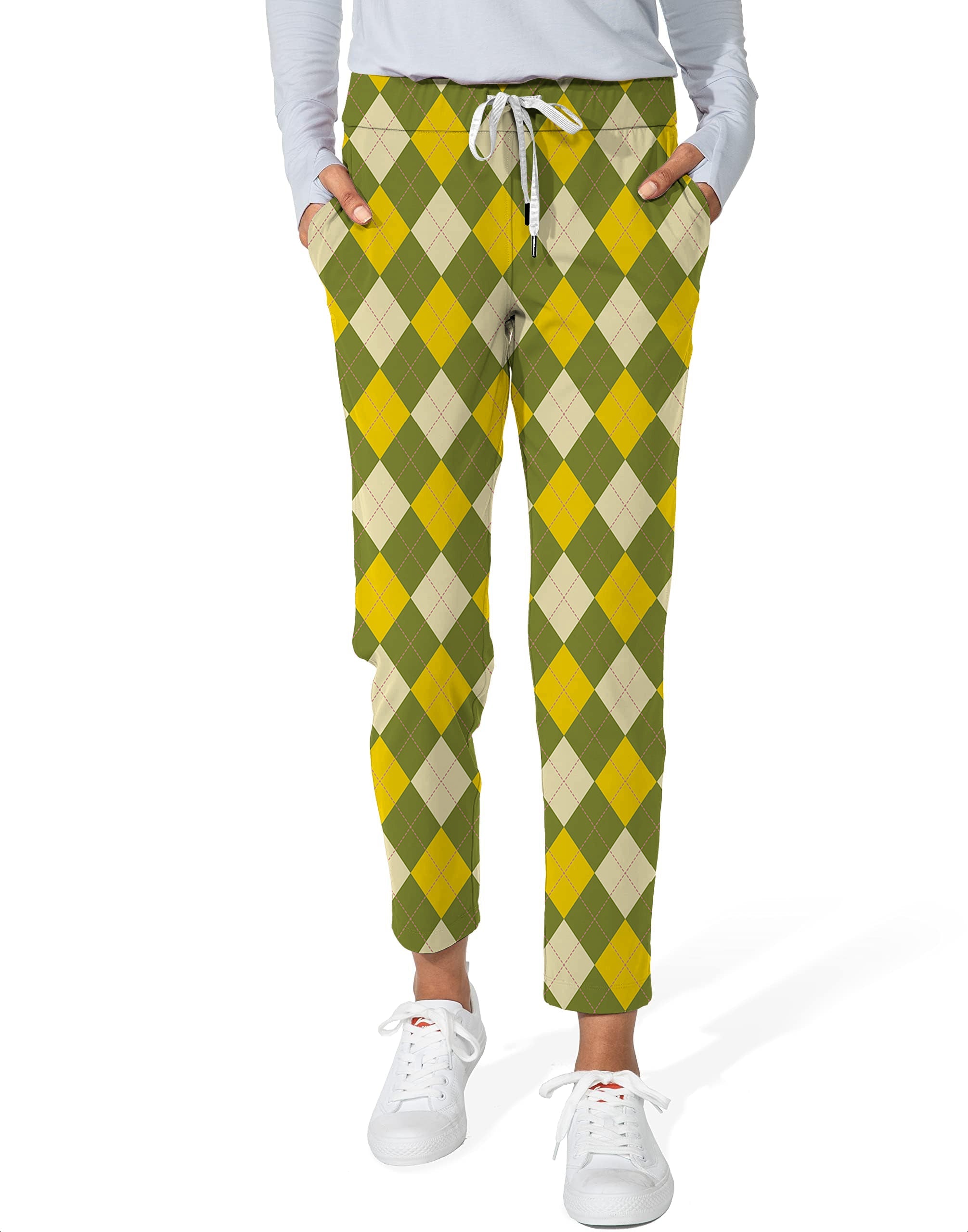 Yollow Argyle women's 7/8 stretch ankle golf pants with green and yellow argyle pattern