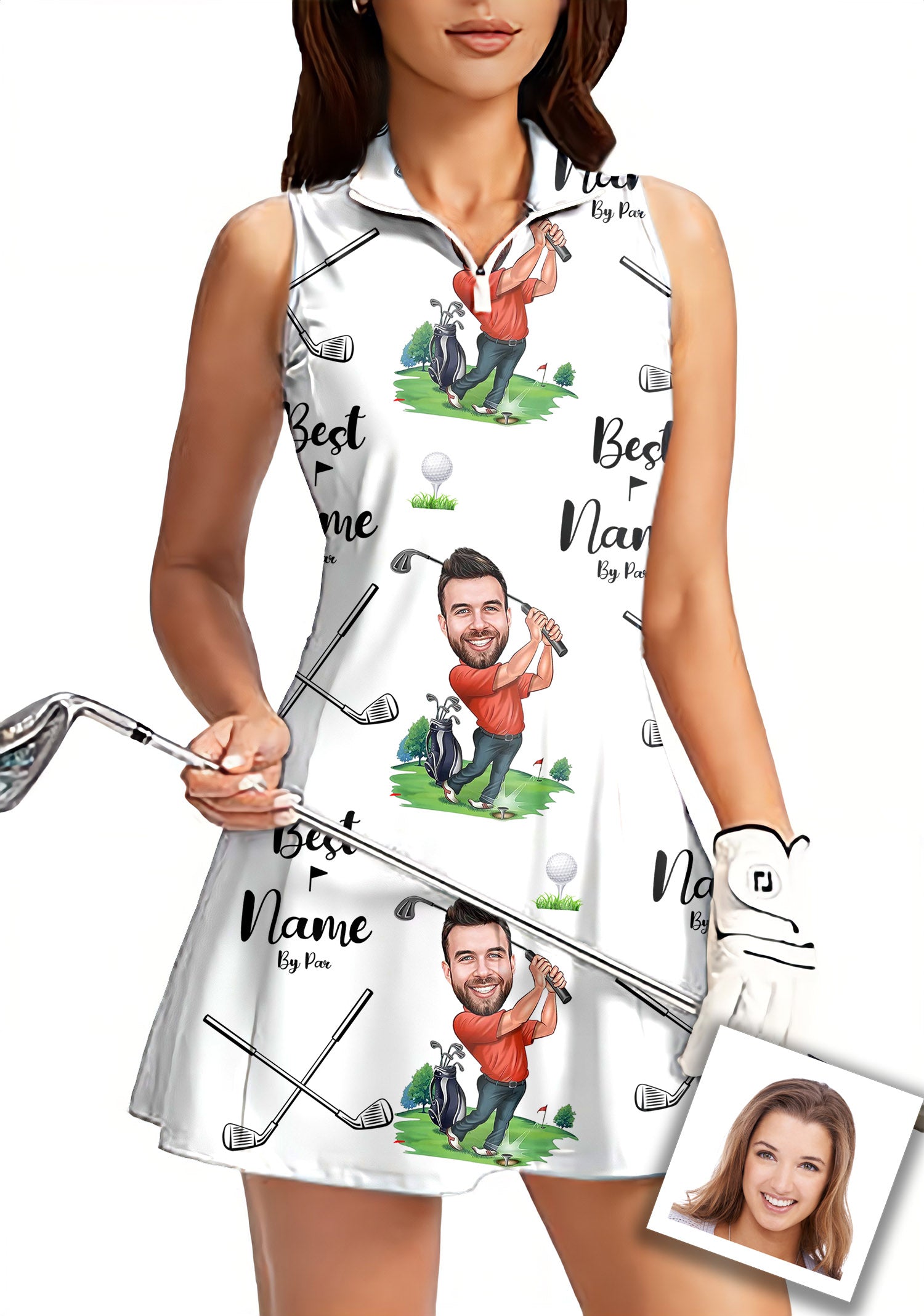 Custom Photo Face & Your Name Women's Golf Sleeveless Zipper Dresses with Built in Shorts