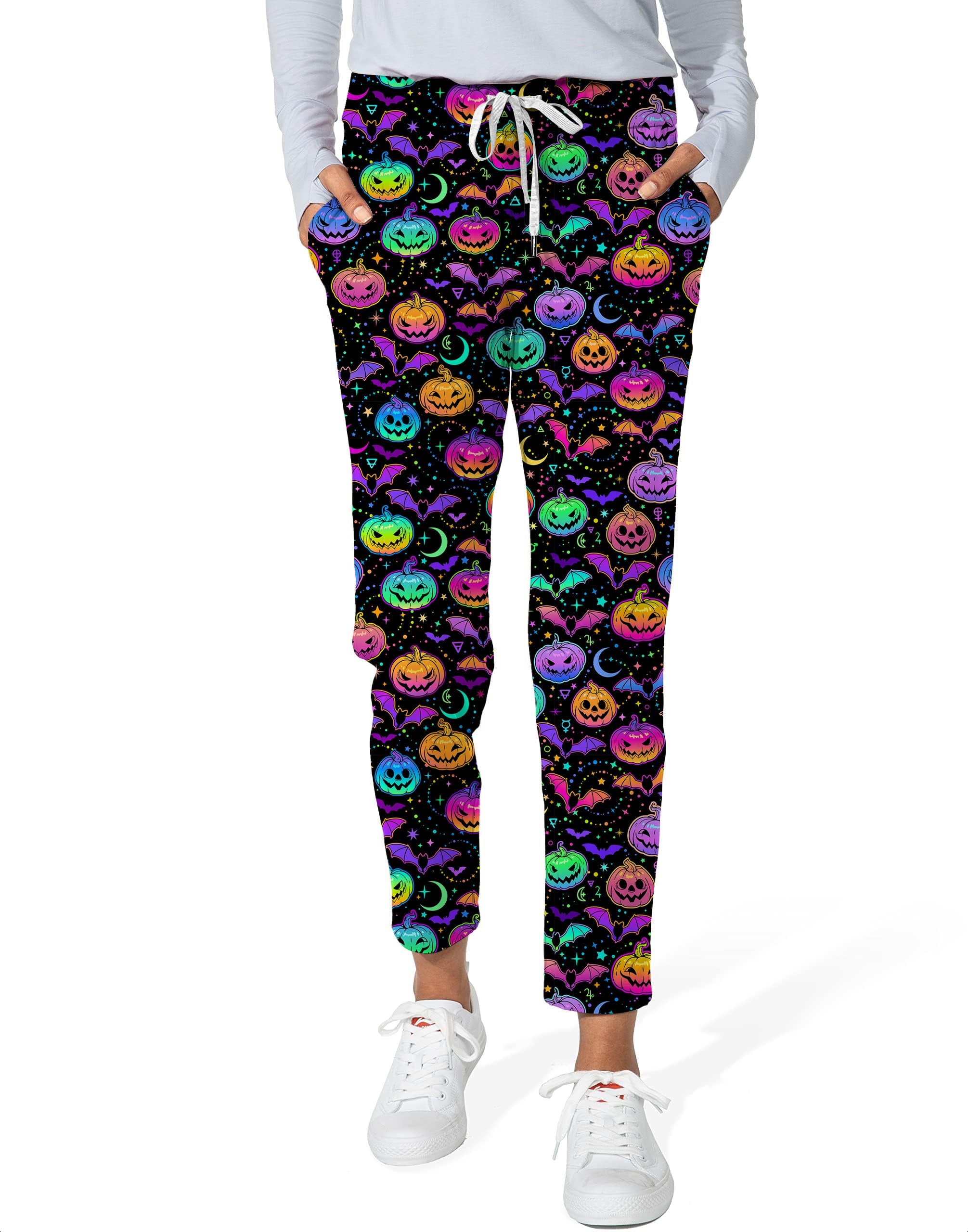 Women's Neon Halloween Pumpkin stretch ankle golf pants with colorful pumpkin pattern
