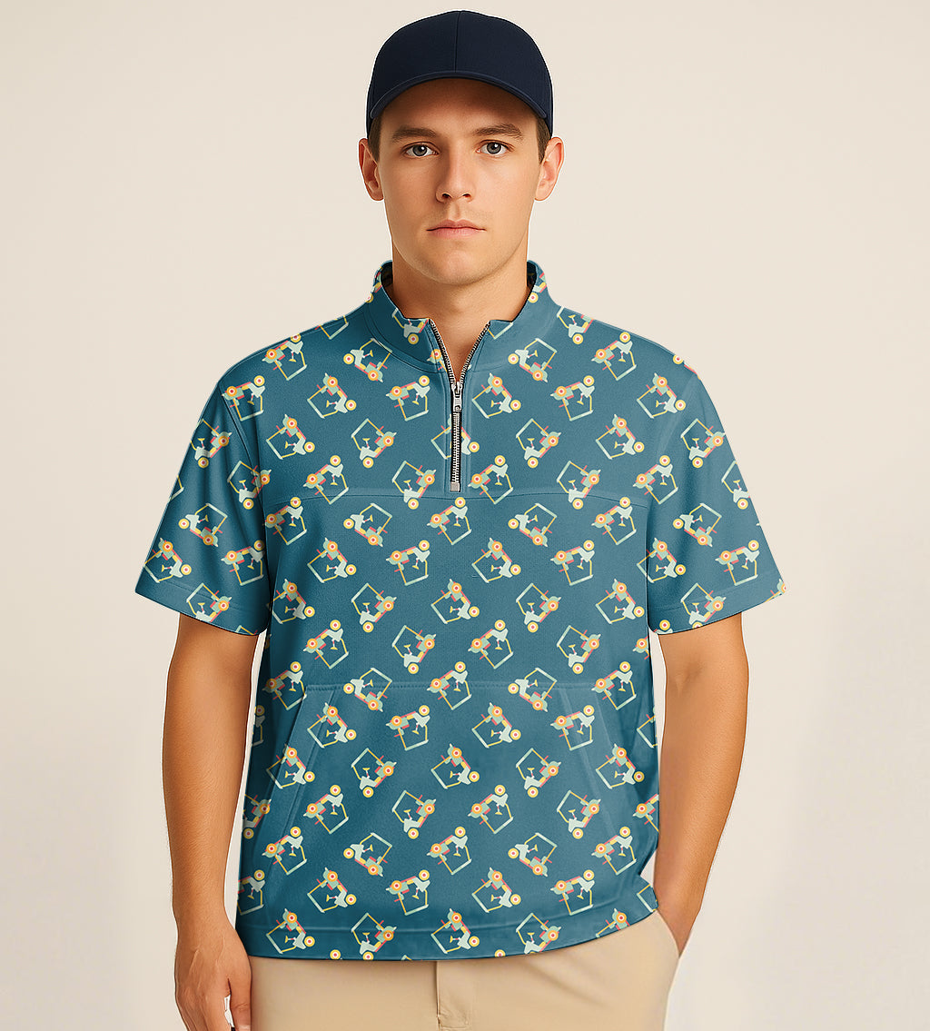 Man wearing half zipper turtleneck golf shirt with golf cart embroidery and short sleeves