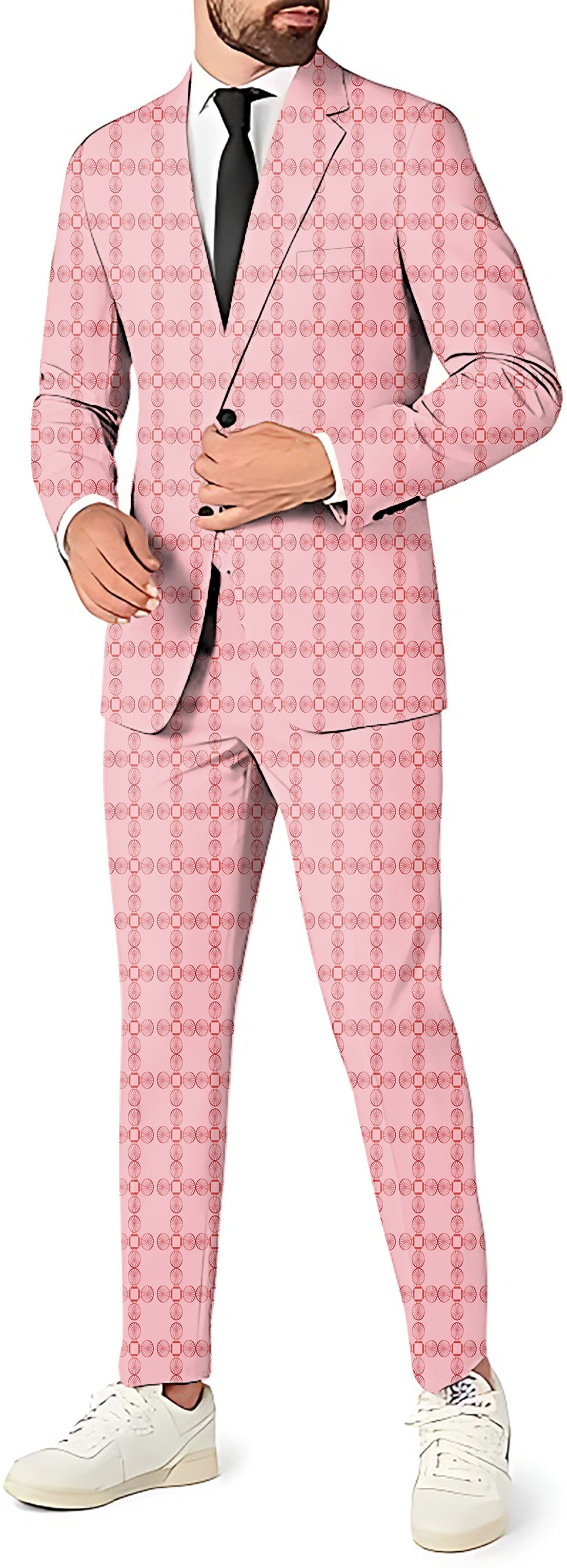 limited edition pink geometry men's slim fit party suit with blazer, pants, and vest
