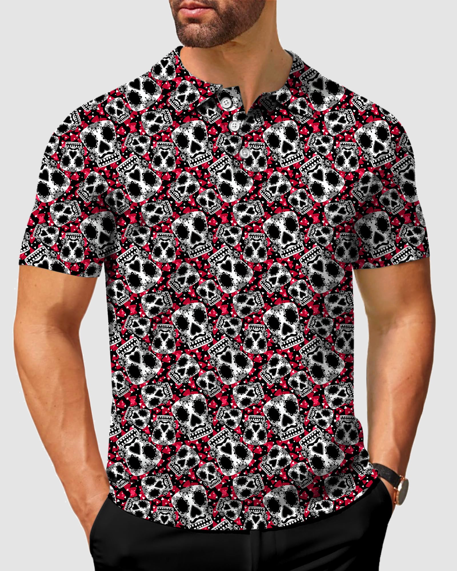 Men's Sugar Skull Pattern Polo