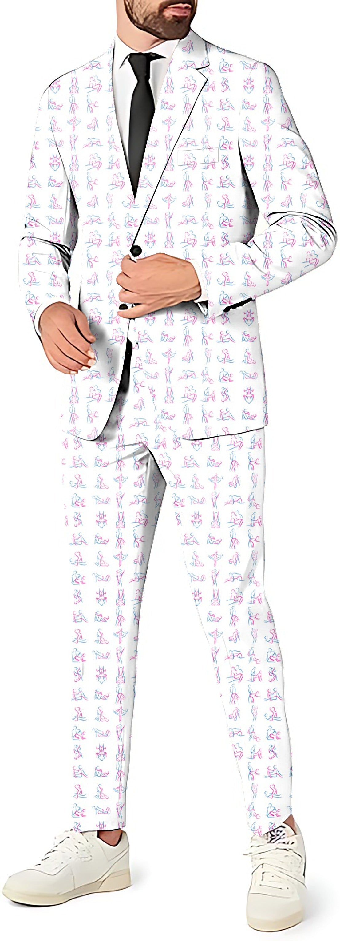 Sex Quickie Men's white slim fit blazer suit with matching pants and vest, playful print party costume set