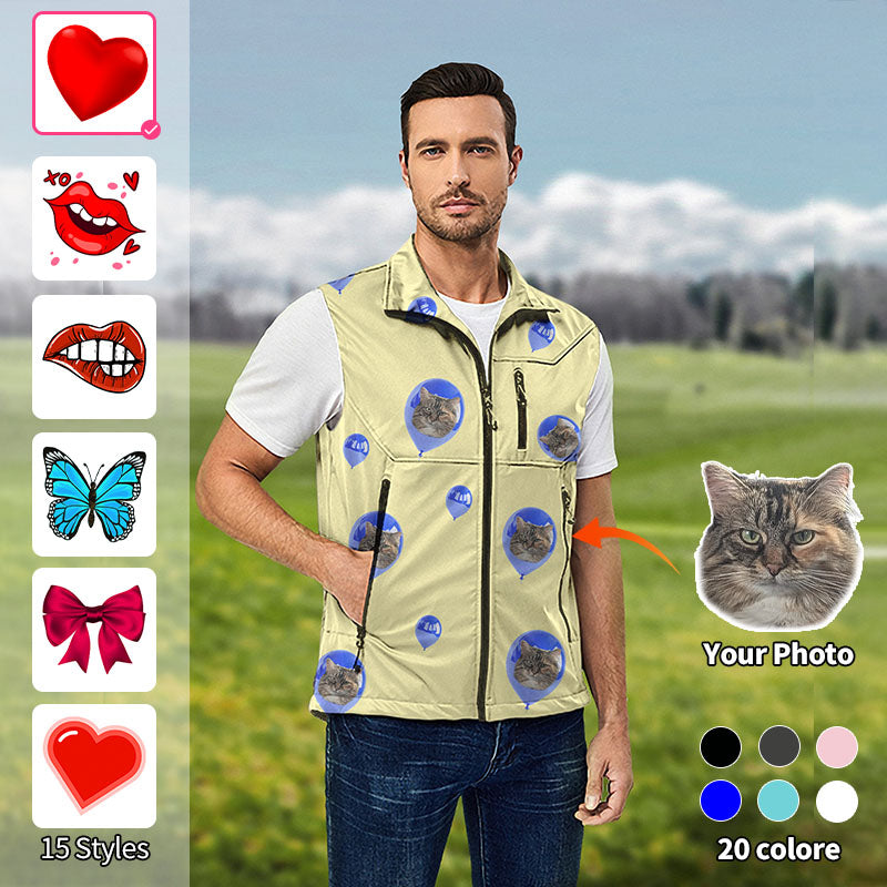 Valentine's Day Men's Custom Photo Face Custom Color Yellow Love Lightweight Softshell Vest Sleeveless Jacket for Golf Windproof Waterproof