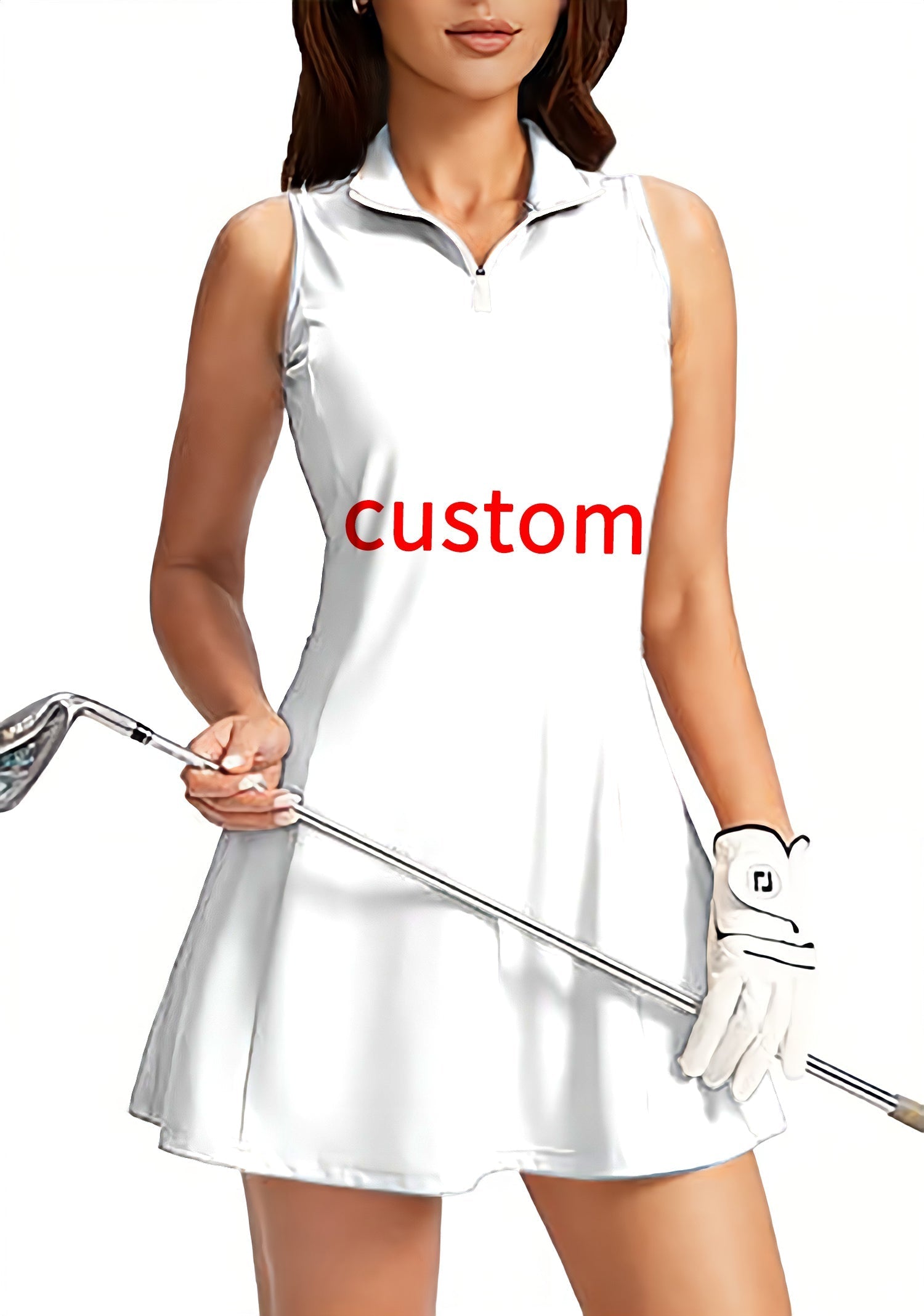 Custom own logo women's golf sleeveless zipper dress with built-in shorts white