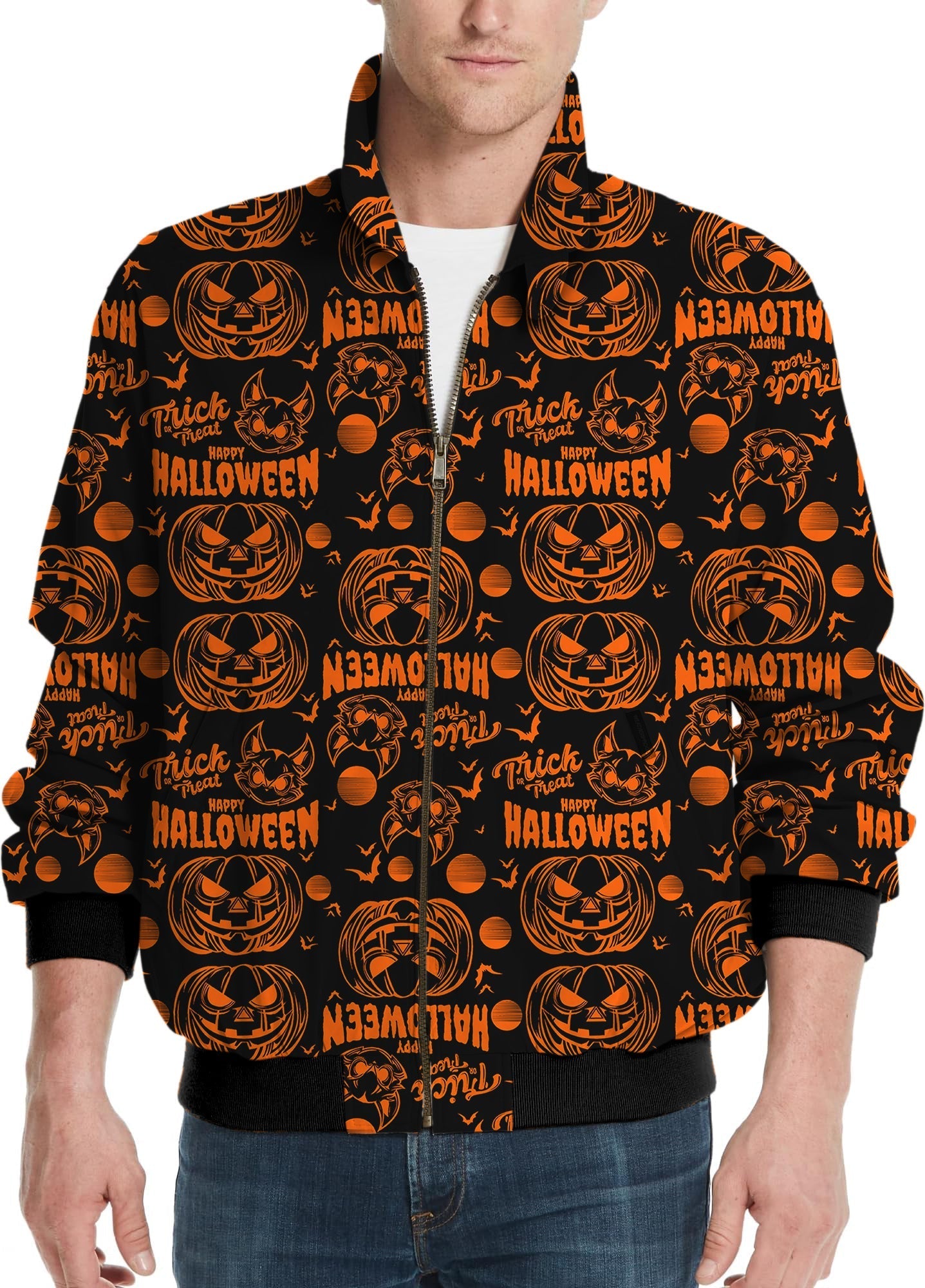 Men's Happy Halloween Pumpkin golf windbreaker jacket with orange pumpkin and text pattern on black background