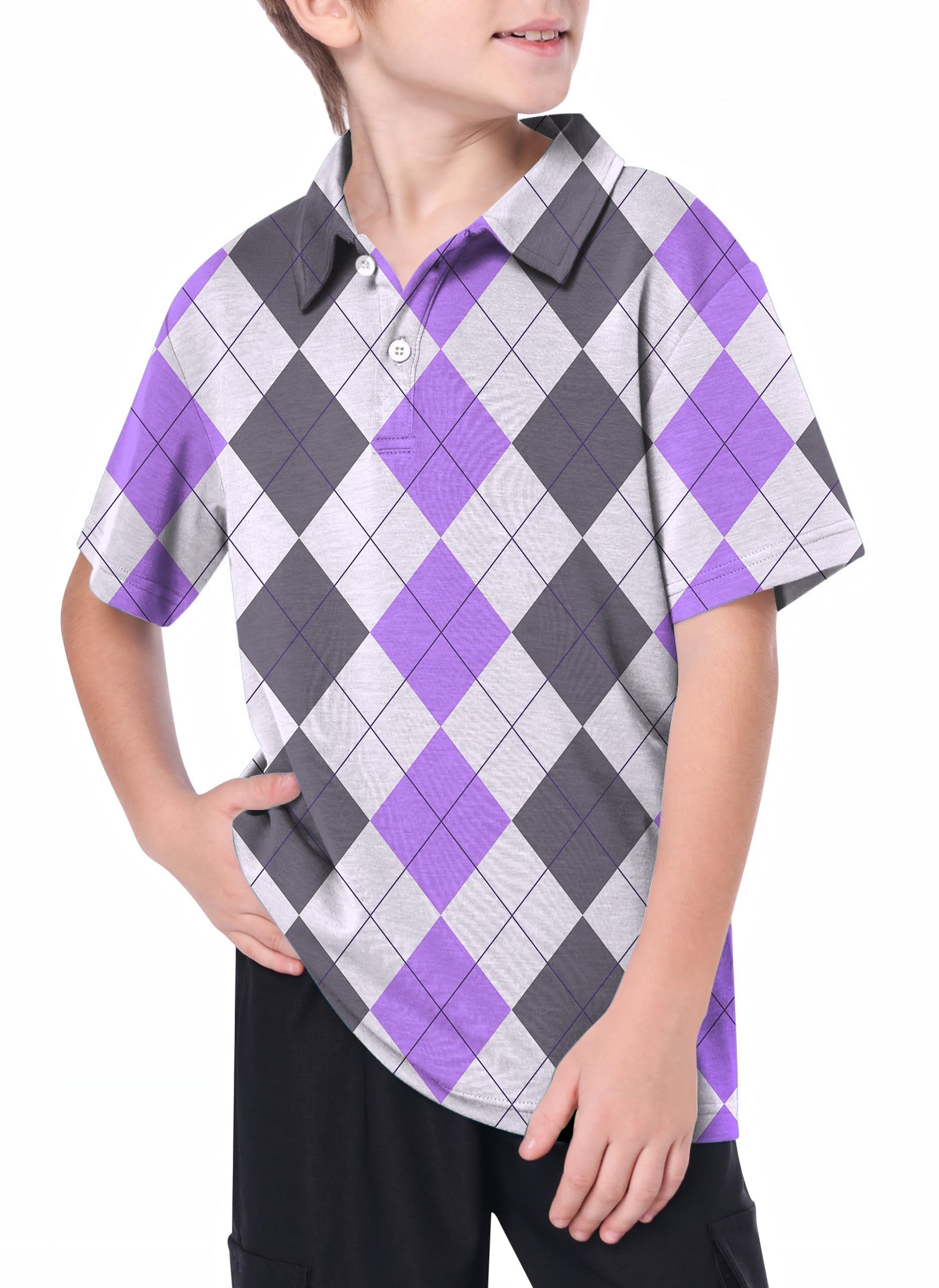 Youth purple grey argyle golf polo shirt with 4-way stretch and moisture-wicking fabric