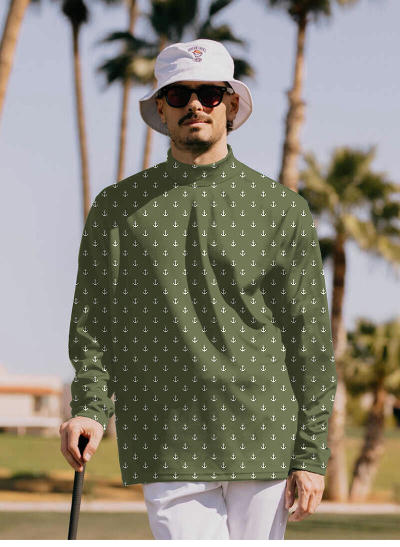 Men's dark green anchor pullover high neck long sleeve golf shirt on man outdoors
