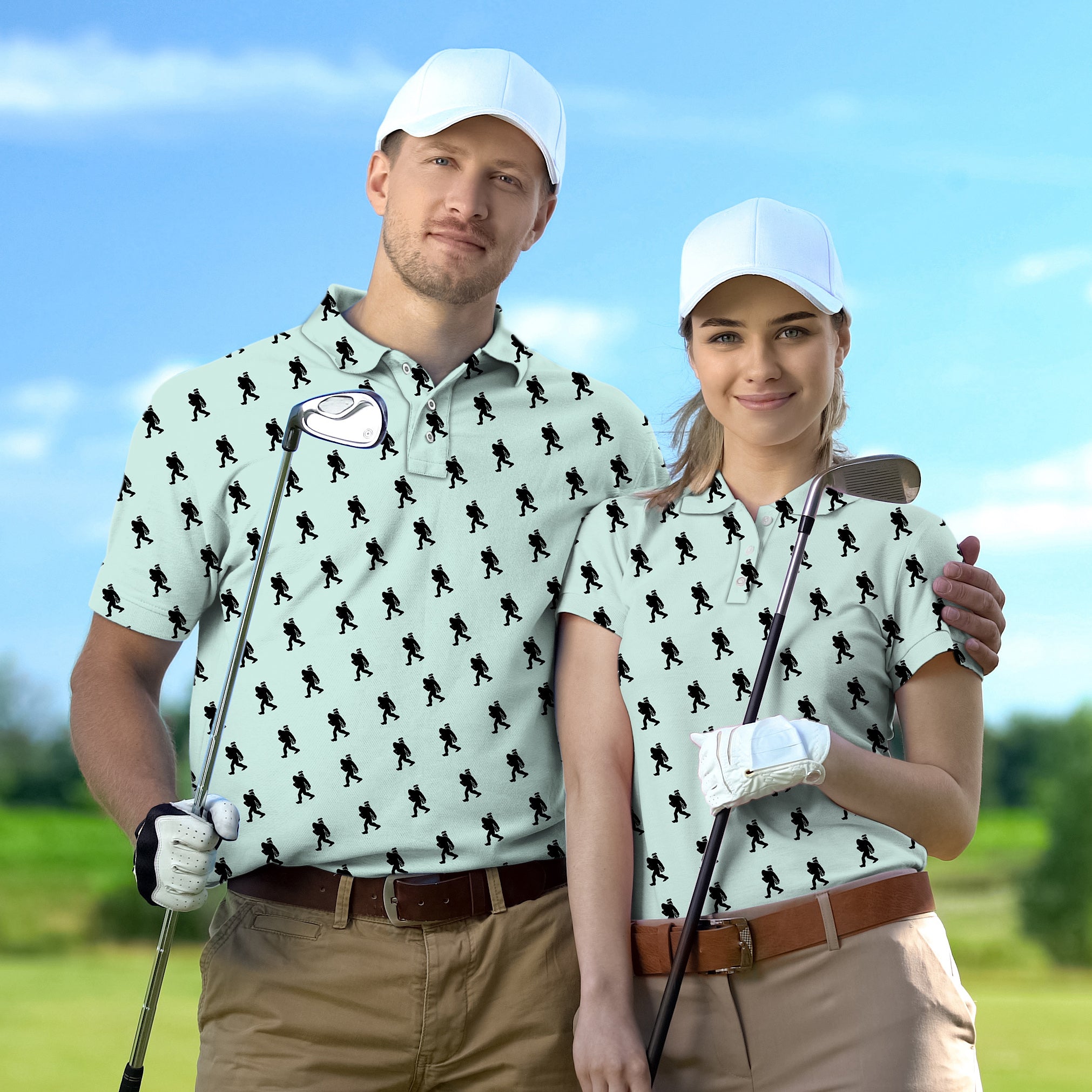 Couple wearing matching Bigfoot print golf polo family set with white caps on golf course