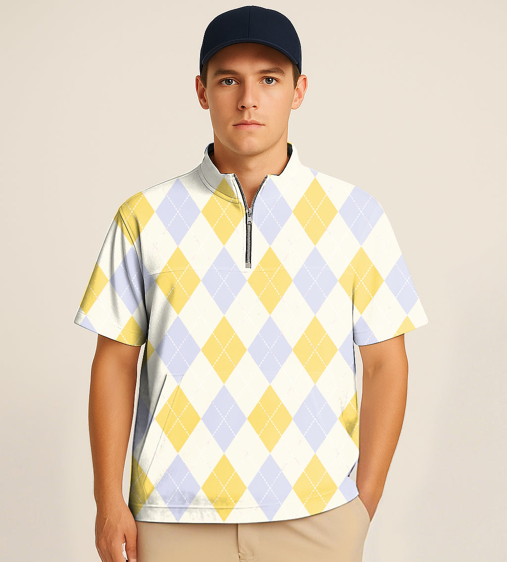 Men's half zipper turtleneck golf shirt with yellow and light blue argyle embroidery and short sleeves